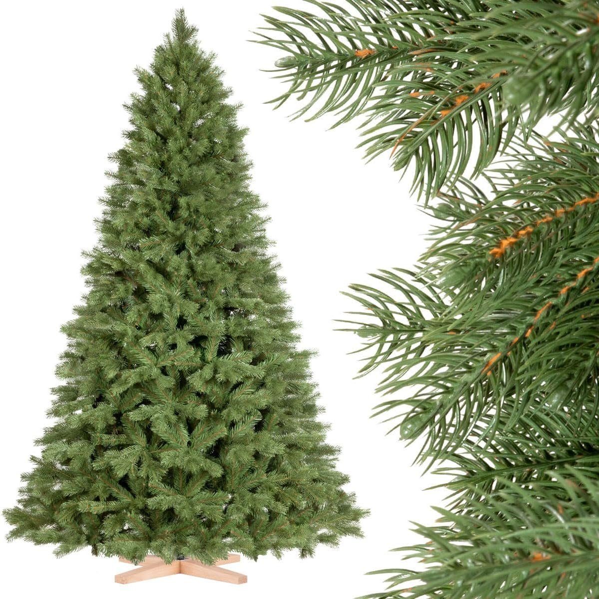 Fairytrees Künstlicher Weihnachtsbaum FT18, Königsfichte, PREMIUM Material MIX aus Spritzguss & PVC inkl. Echtholz Baumständer