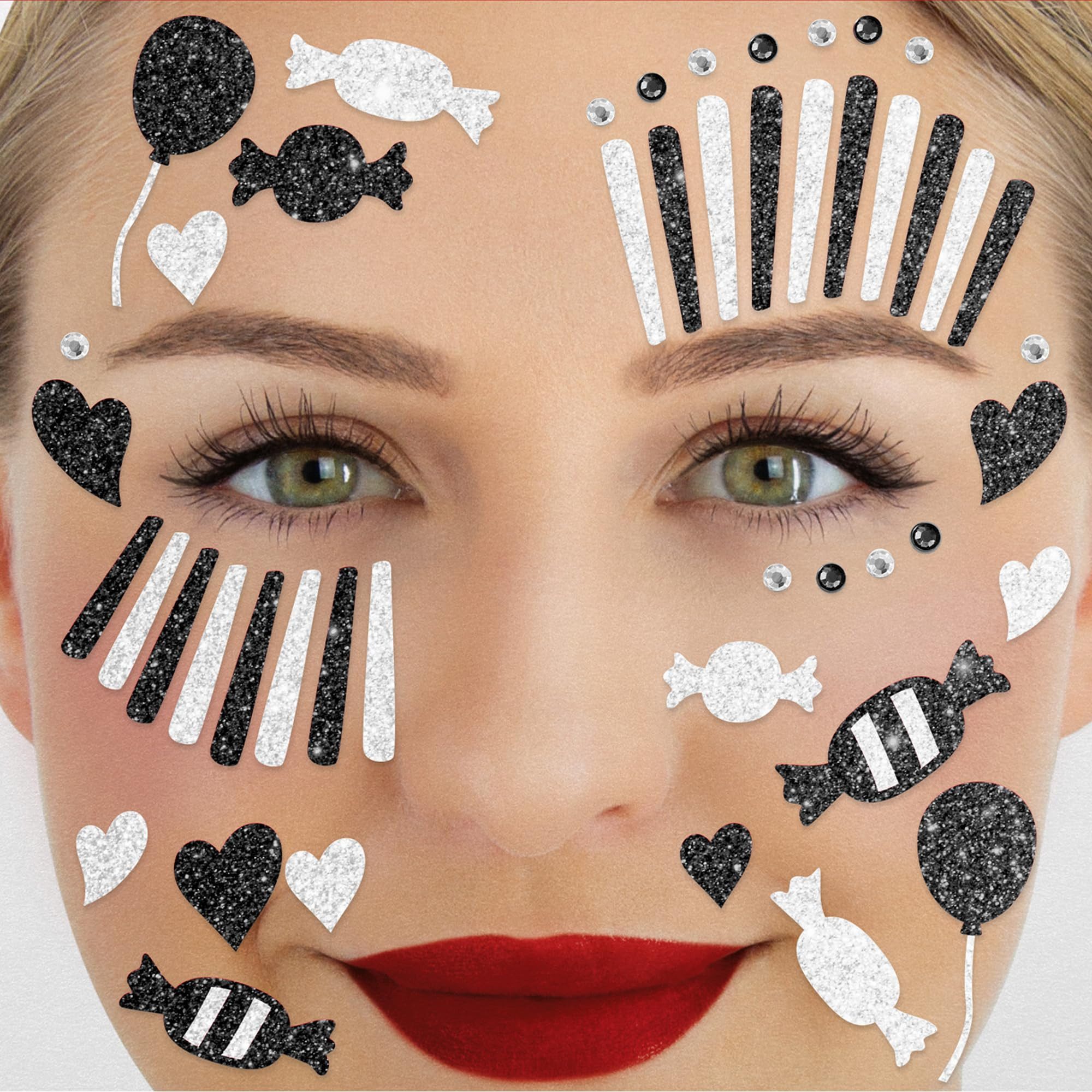 Party Factory Strass-Tattoo Glitter Face Tattoo - Clown Schwarz, mit Glitzerelementen und Strass-Steinchen je nach Wahl