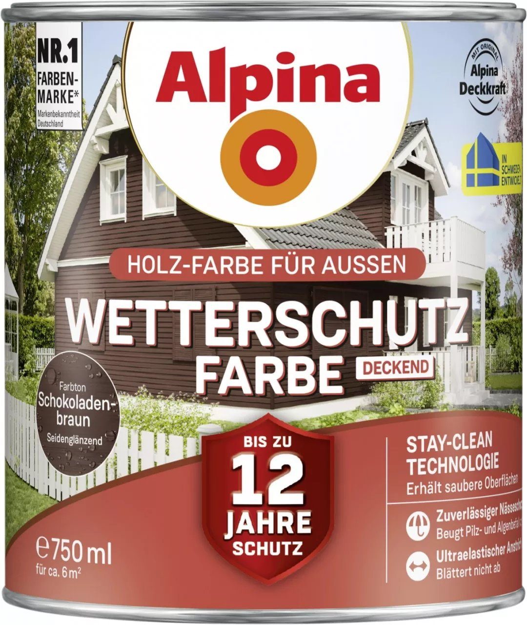 Alpina Wetterschutzfarbe Holzfarbe für außen deckend Schokoladenbraun 750ml
