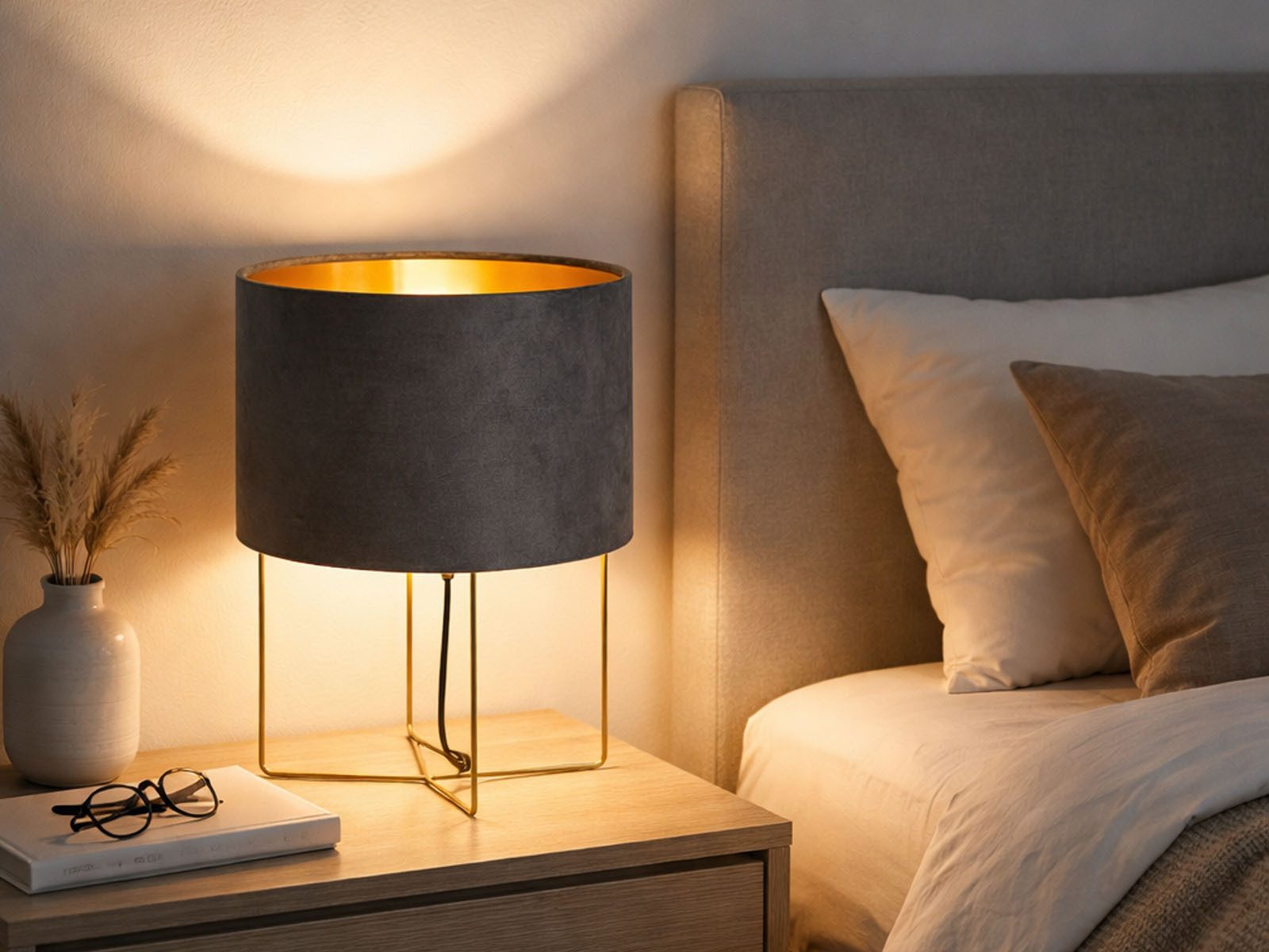 FISCHER & HONSEL LED Nachttischlampe Samt Lampenschirm innen Gold, Höhe 32cm, Dimmfunktion, LED wechselbar, Warmweiß, ausgefallen-e Design-er Stofflampe, Tischleuchte mit Metall-Fuß