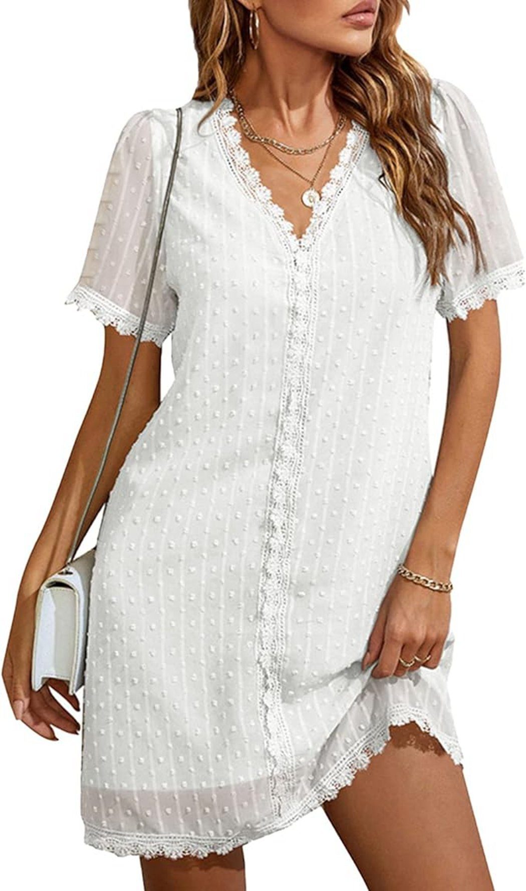 VOCTVTB Weiß Spitzenkleid, elegantes, Shaping-Kleid lässiges Partykleid lockeres Freizeitkleid,