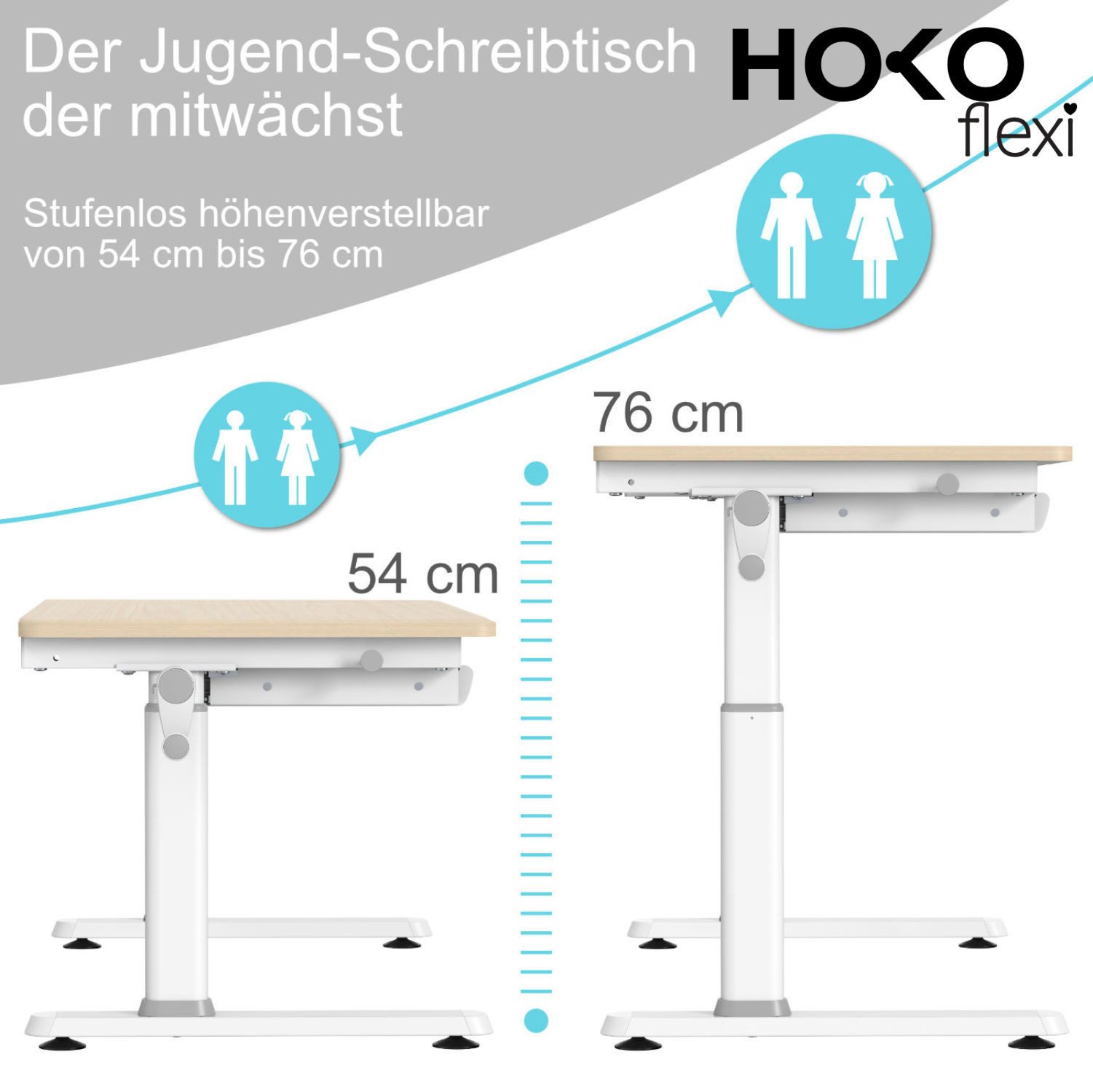 HOKO Kinderschreibtisch höhenverstellbar für Kinder ab 6 Jahren (Tisch-Stuhl-Set, 100x60 cm Tisch, 100x40 cm neigbare Platte, Kinderstuhl 360° drehbar), Sitzhöhe von 40 bis 50 cm, Holzbeine, Holzoptik/Rosa, LUKA & LAURA