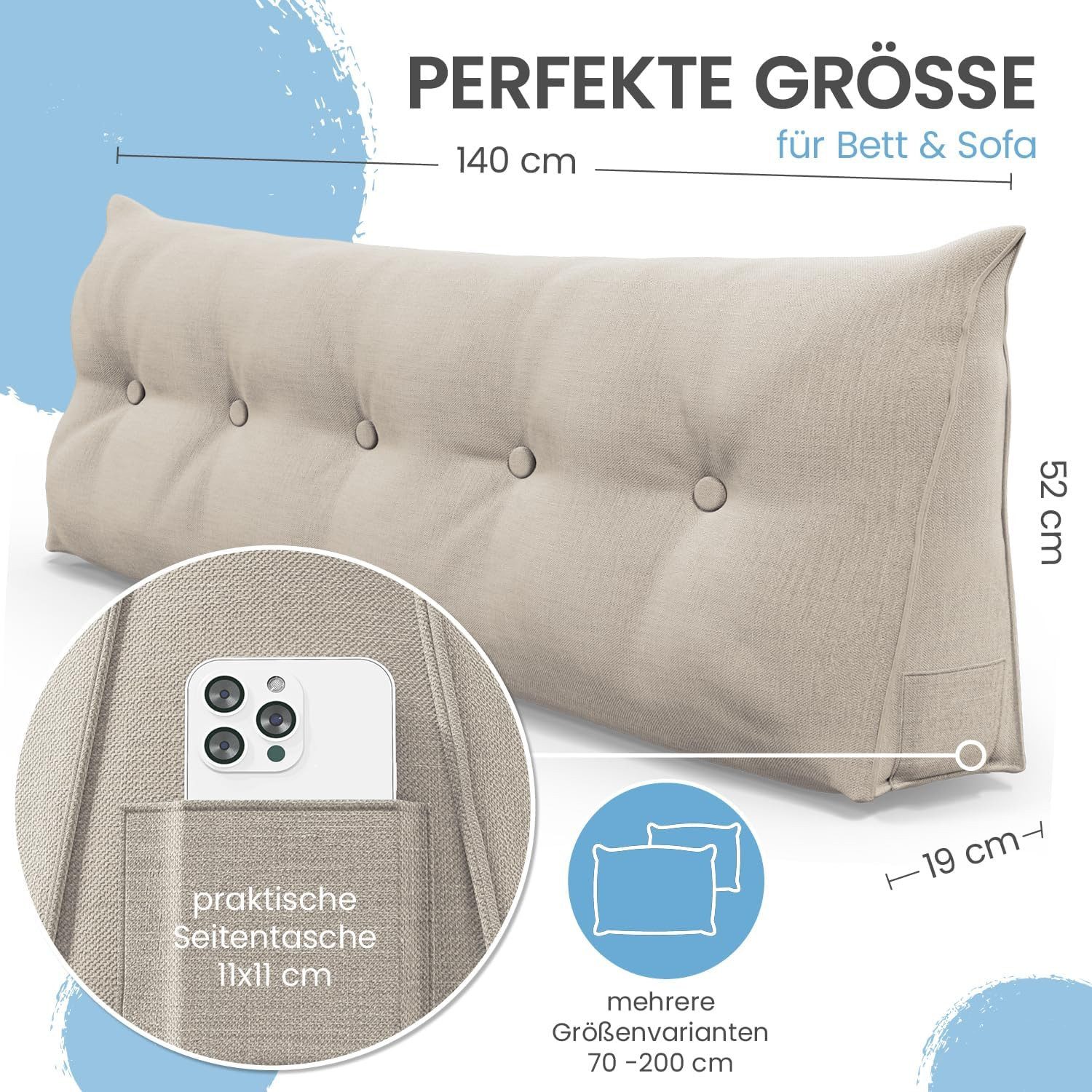 ELONEO Rückenkissen Keilkissen für Bett und Sofa, Lesekissen mit praktischem Seitenfach, 1-tlg., mit praktischem Seitenfach, Lesekissen, mit waschbarem Bezug