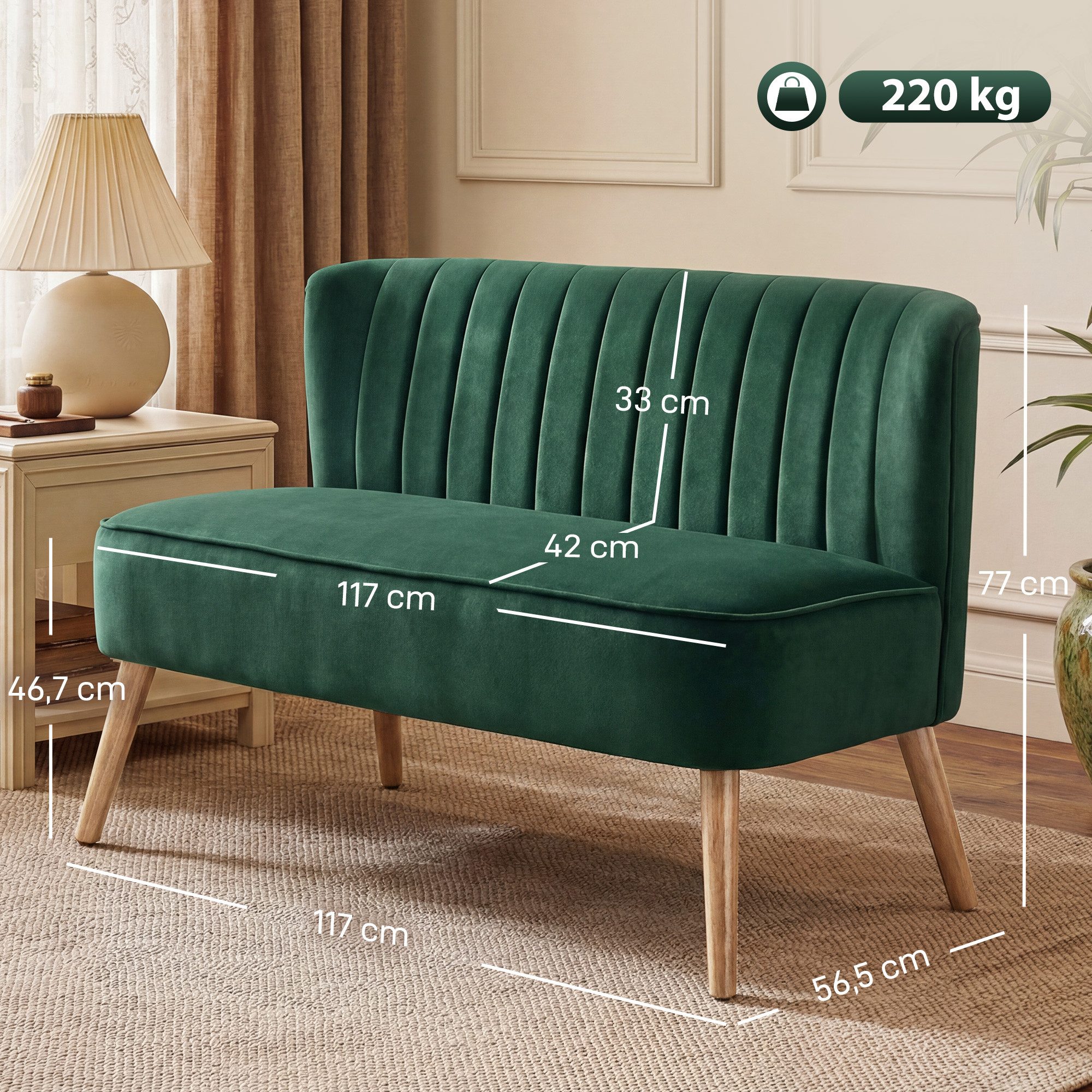 HOMCOM 2-Sitzer Sofa Loveseat mit Leinen-Optik für Schlafzimmer 117x56,5x77cm, Couch 1 Teile, Dunkelgrün 117 x 56,5 x 77 cm