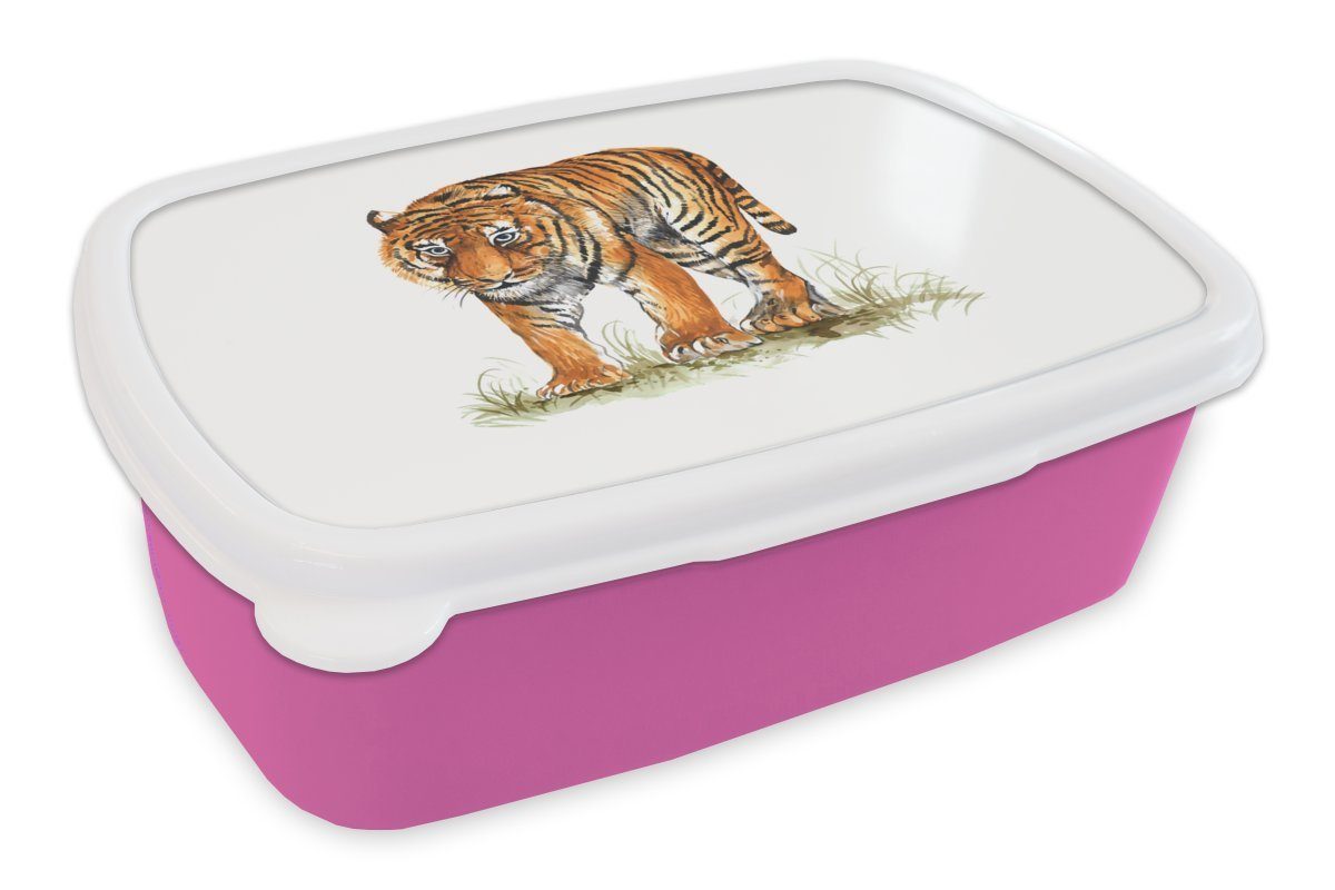 MuchoWow Lunchbox Tiger - Gras - Bild, Kunststoff, (2-tlg), Brotbox für Erwachsene, Brotdose Kinder, Snackbox, Mädchen, Kunststoff rosa