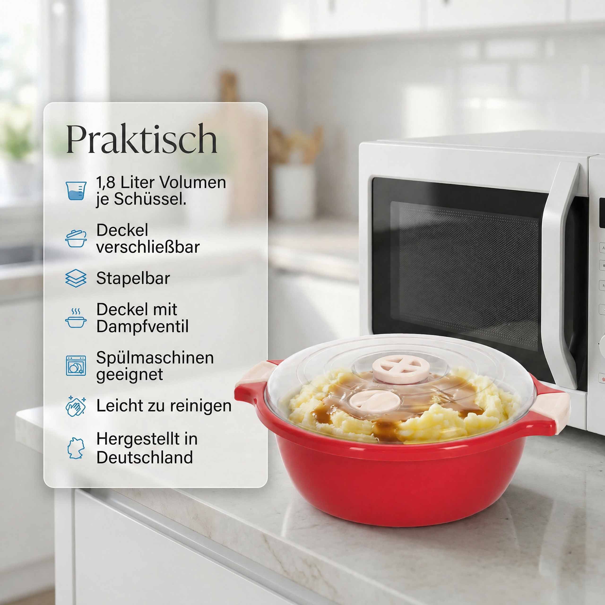 Lantelme Mikrowellenbehälter Mikrowellenschüssel 3er Set Schwarz Rot Gold mit 1,8 Liter, Kunststoff, (3-tlg., Schüssel auch für Kühlschrank und Picknick), Kunststoff mit Deckel und Dampfventil, Deutsche Herstellung