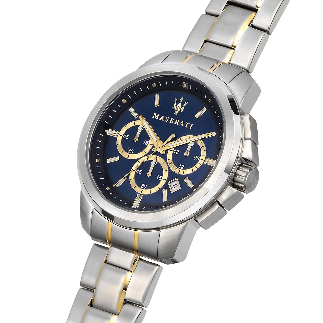 Herren MASERATI blau, 52x44mm) Herrenuhr (ca. Maserati rund, Made-In gold groß Edelstahlarmband, Italy Chronograph Uhr bicolor, Chronograph,