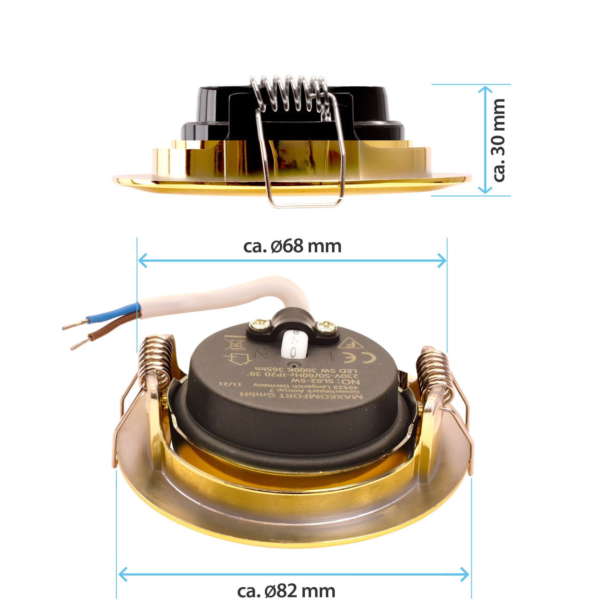 Maxkomfort LED Einbaustrahler 6er Set, Einbauleuchten Bad IP44, Warmweiß, ultraflach, Ø82x30mm, LED fest integriert, Warmweiß, 3000K, IP44 Einbauspots Decke, 230V, 5W, 365lm, 6er Set