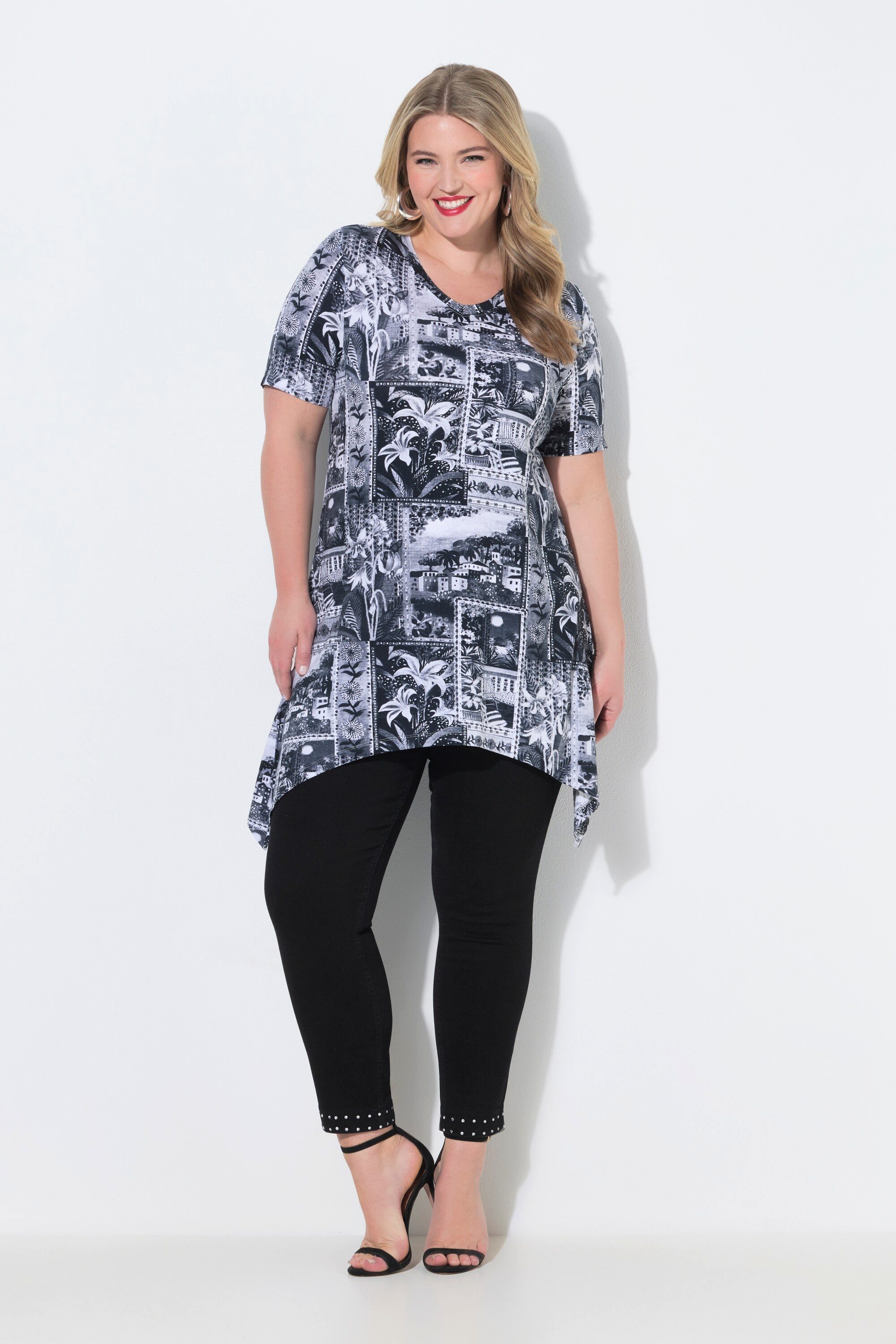 T-Shirt T-Shirt A-Linie Alloverdruck Zipfelsaum