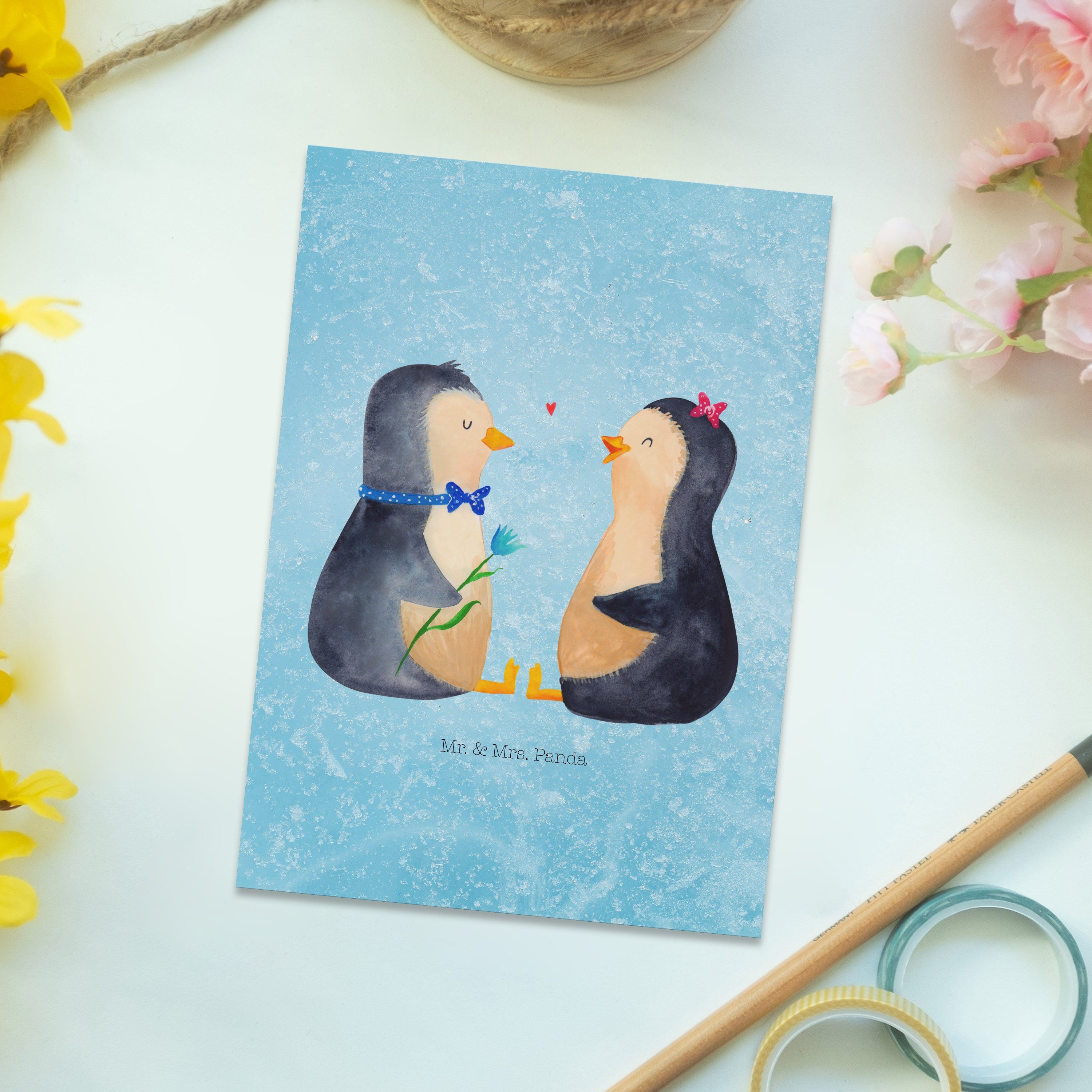 Mr. & Mrs. Geschenkkarte, - verknallt, Pärchen Postkarte Eisblau Panda - Geschenk, Liebe Pinguin