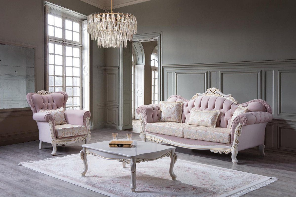 / Padrino Luxus Weiß x Wohnzimmer cm Barockstil Sofa 90 mit x Möbel dekorativen H. Silber Barock Casa Rosa Sofa 243 / Gold 110 / Kissen -
