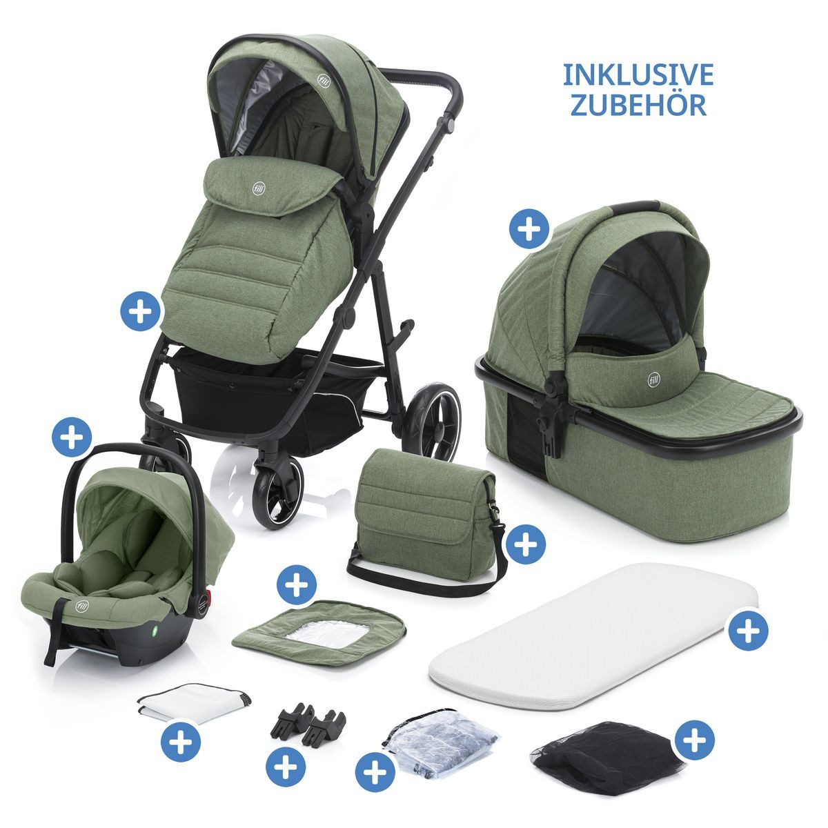 Fillikid Kombi-Kinderwagen Fill Jaguar - Grün Melange, 3in1 Kinderwagen mit Babyschale, Babywanne, Sportsitz & Wickeltasche