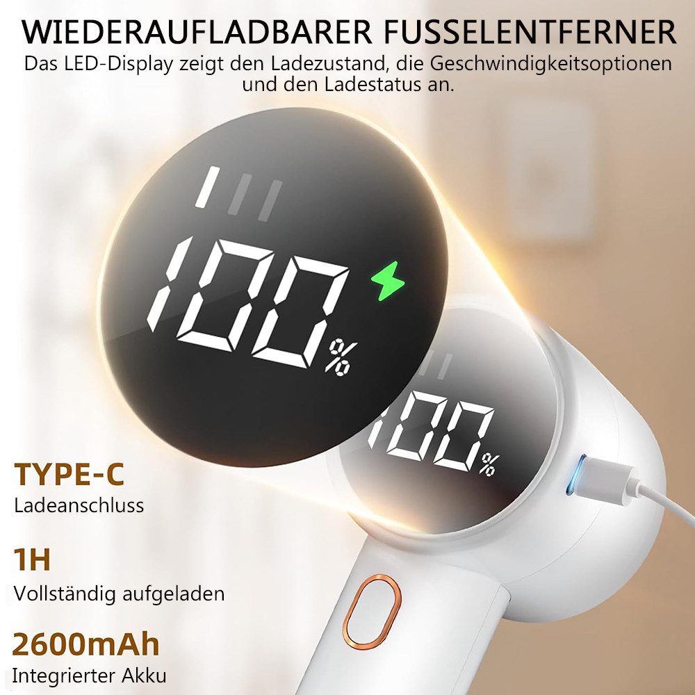 TUWENA Fusselrasierer Fusselrasierer, Tragbarer Aufladbar Elektrisch Fusselentferner, Mit 3 Geschwindigkeiten sowie LED-Anzeige, für Verschiedene Stoffe