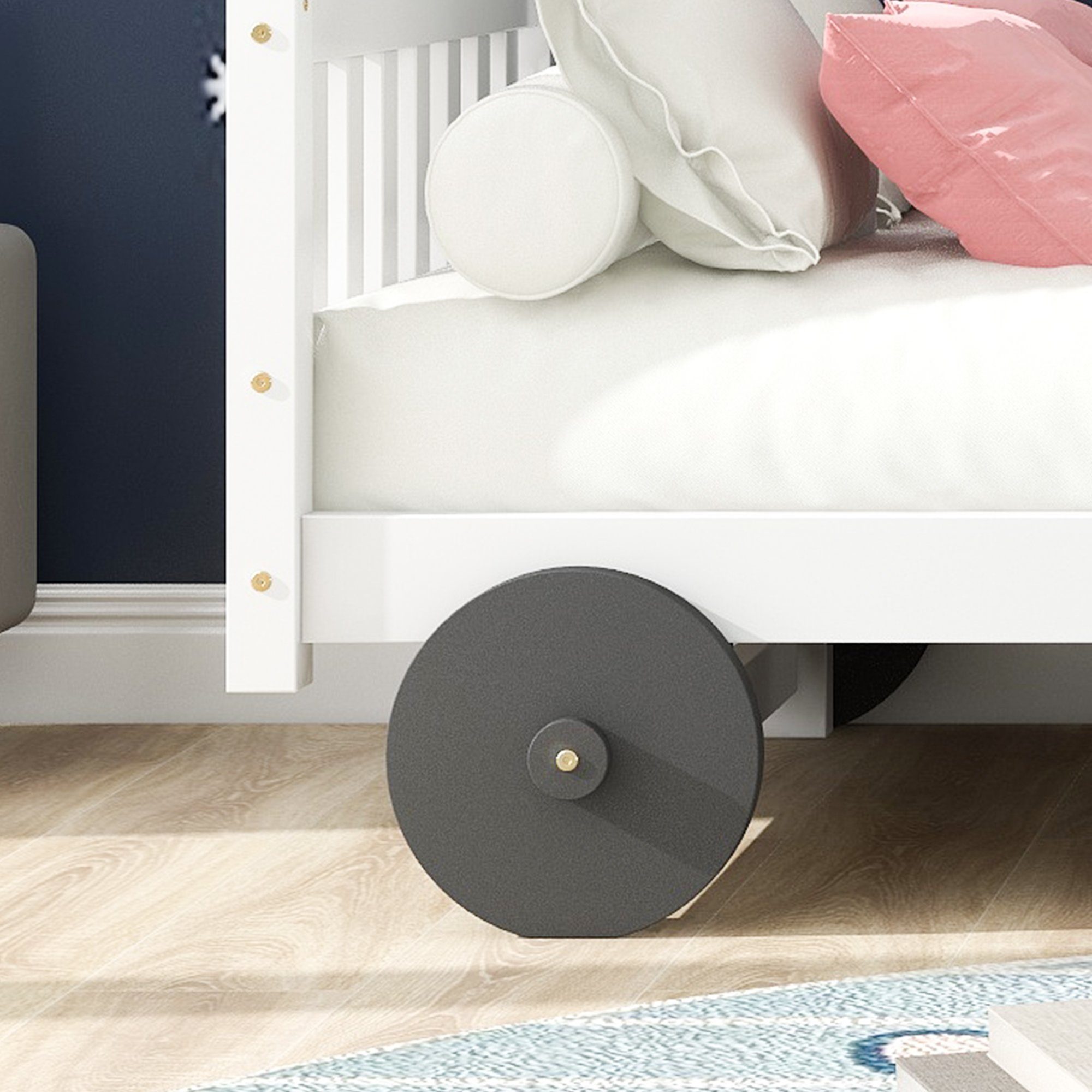 Kinderbett (mit MDF-Rädern und abnehmbare Rahmen), Einzelbett mit Lattenrost, massivem Kiefernholz, 90x200