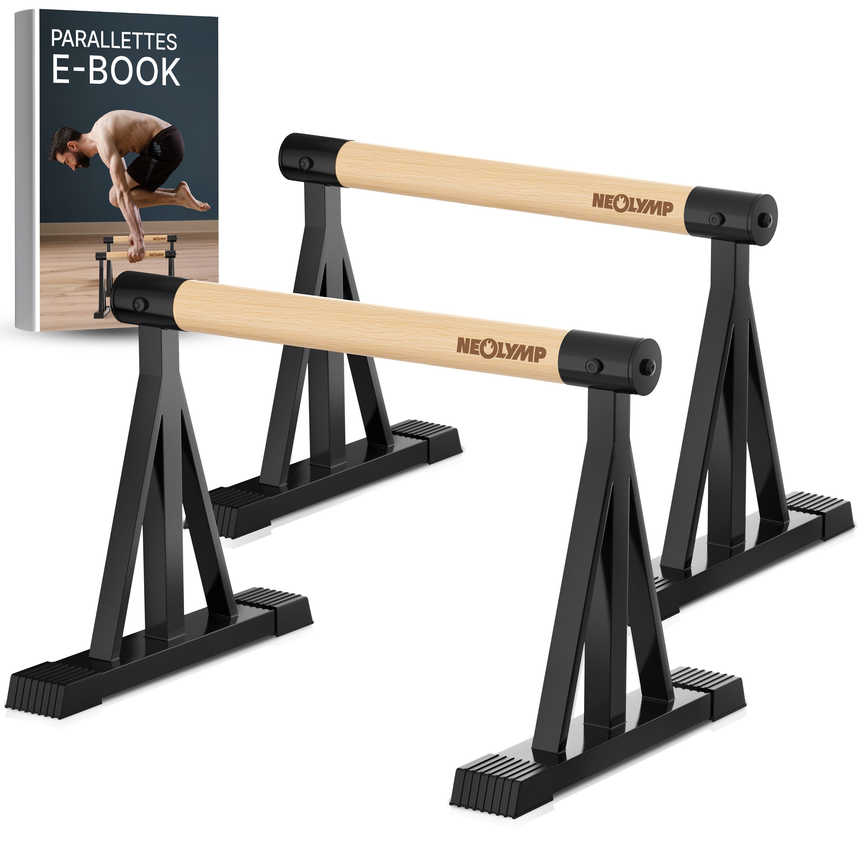 NEOLYMP Liegestützgriffe Parallettes Holz - Calisthenics Equipment Liegestützgriffe - Push Up (Set, Push Up Bars belastbar bis 500 kg - inkl. E-Book & Grip Tapes), Handstand Griffe aus massivem Holz & Stahl - rutschfest & ergonomisch