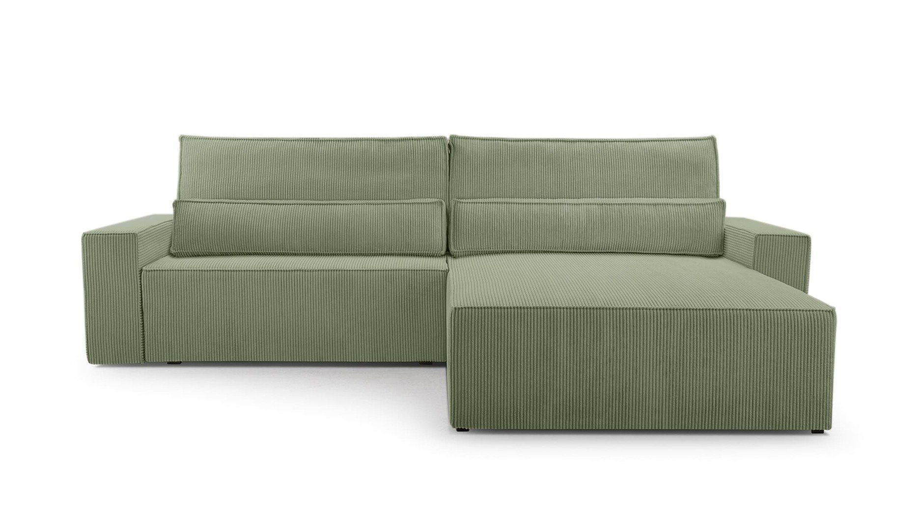 MOEBLO Ecksofa DENVER, mane beidseitig montierbar Couch Cord für Wohnzimmer Schlafsofa Sofagarnitur Sofa Eckcouch L-Form Cordstoff - 297x85x185cm, mit Schlaffunktion und Bettkasten Mintgrün (Poso 47)