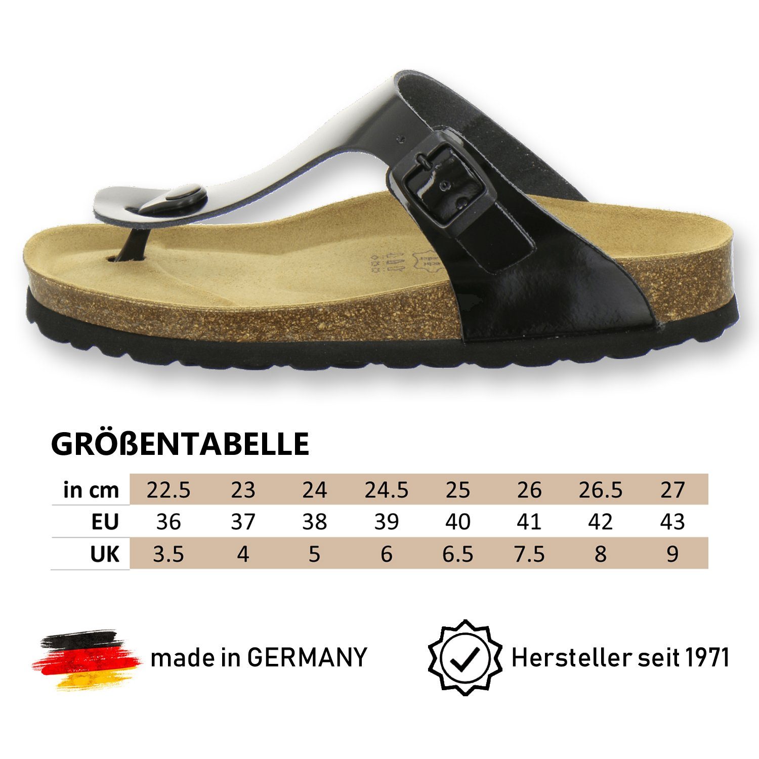 Lackleder in Zehentrenner schwarz für Germany 2107 aus mit Fussbett, AFS-Schuhe Made Damen Leder