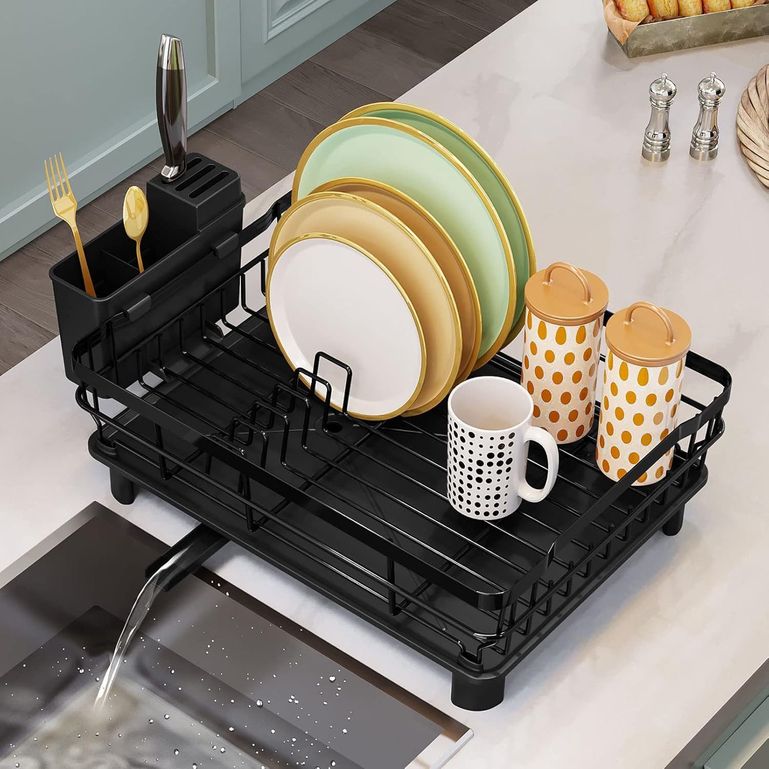 Refined Living Geschirrständer 2-in-1 Küchenorganizer-Set:Geschirrständer&Spüle Organizer mit Abfluss, Zubehör für Küchen Zubehör, Multifunktionales Abtropfgestell-Set, Ablage für Küchenspüle, mit 360° Abfluss abnehmbarem und Messerfächern, Aufbewahrung Spülutensilien, Aufbewahrung für die Arbeitsplatte, Spülbürsten Halter, Rostschutz,Spüle Zubehör platzsparend, Küchenhelfer Set für kleine Küche, für Küche,Bad,Küchentheke,Spülbecken,Effizienten Trocknen,Wohnungen