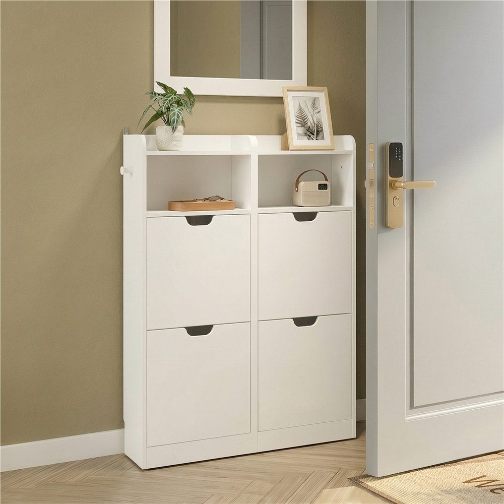 Yaheetech Schuhschrank Schuhregal mit 4 Klappen & 2 Ablagefächern & 2 Haken, 100 × 17 × 108,5 cm