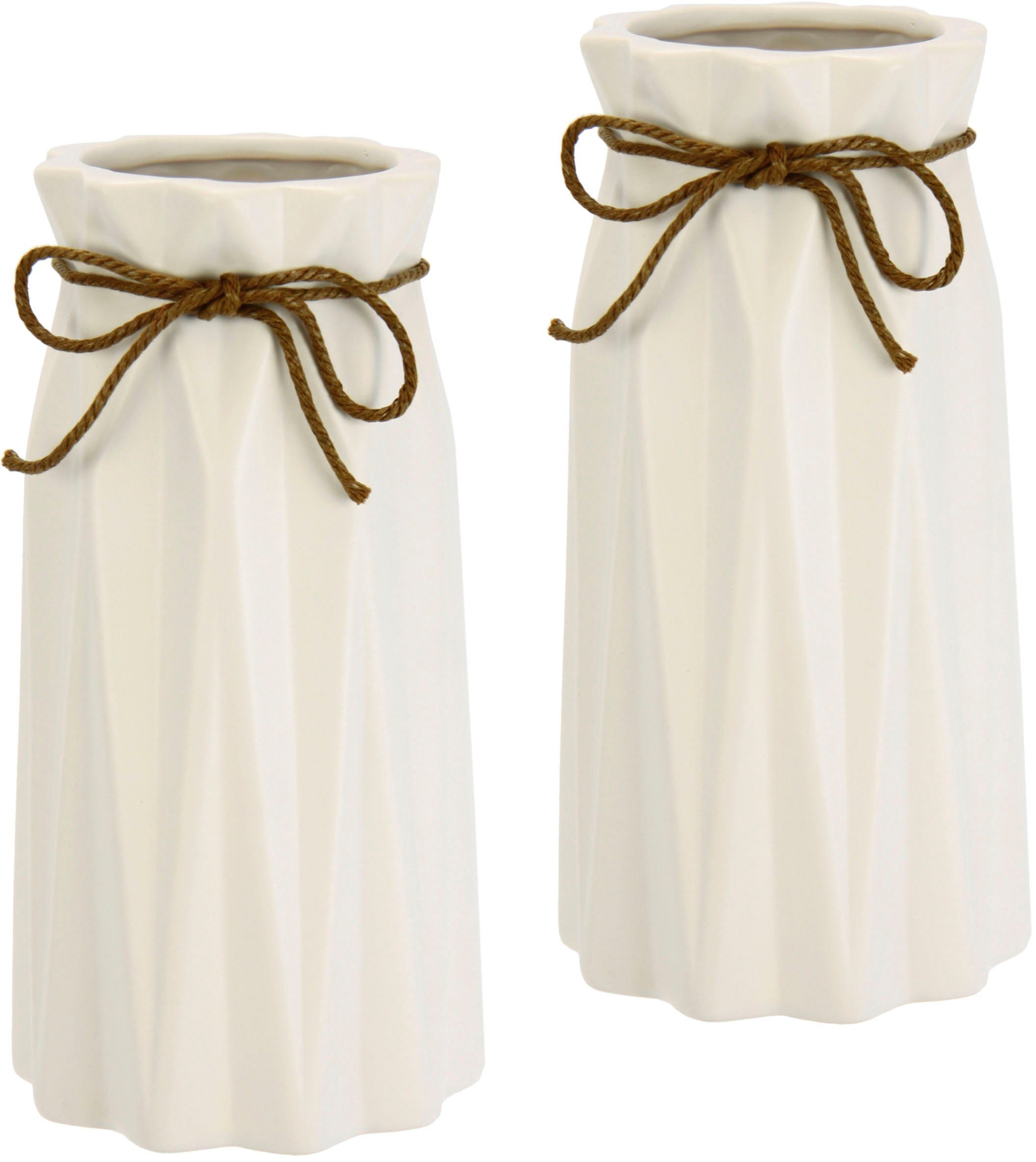 I.GE.A. Dekovase Dekovase, Mit Riffelungen und Schleife Keramik 2er Set wei günstig online kaufen