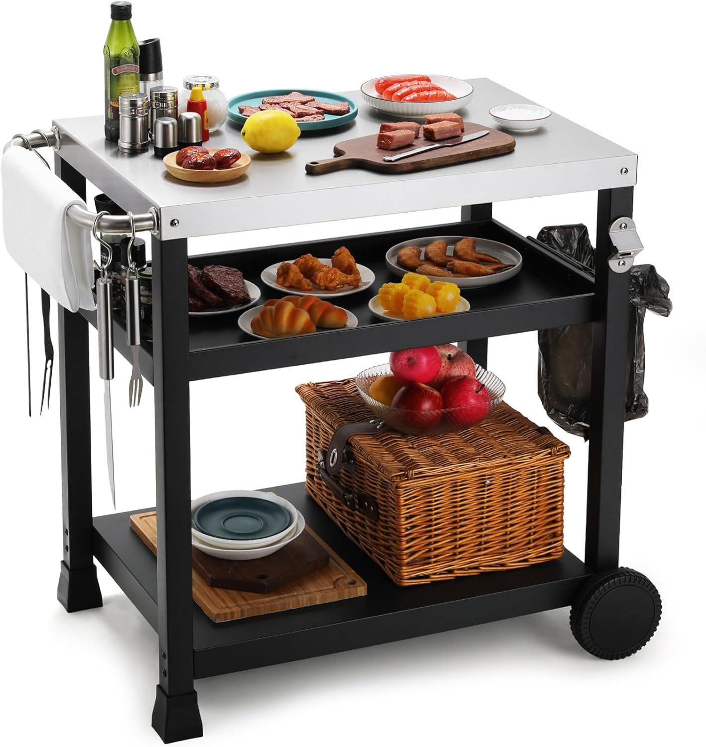 TLGREEN Grillablagetisch Edelstahl Grillwagen 3 Etagen, Grilltisch Outdoor (Garten Trolley Küchenwagen Korrosionsbeständig), BBQ Beistelltisch Beistellwagen Außenbereich
