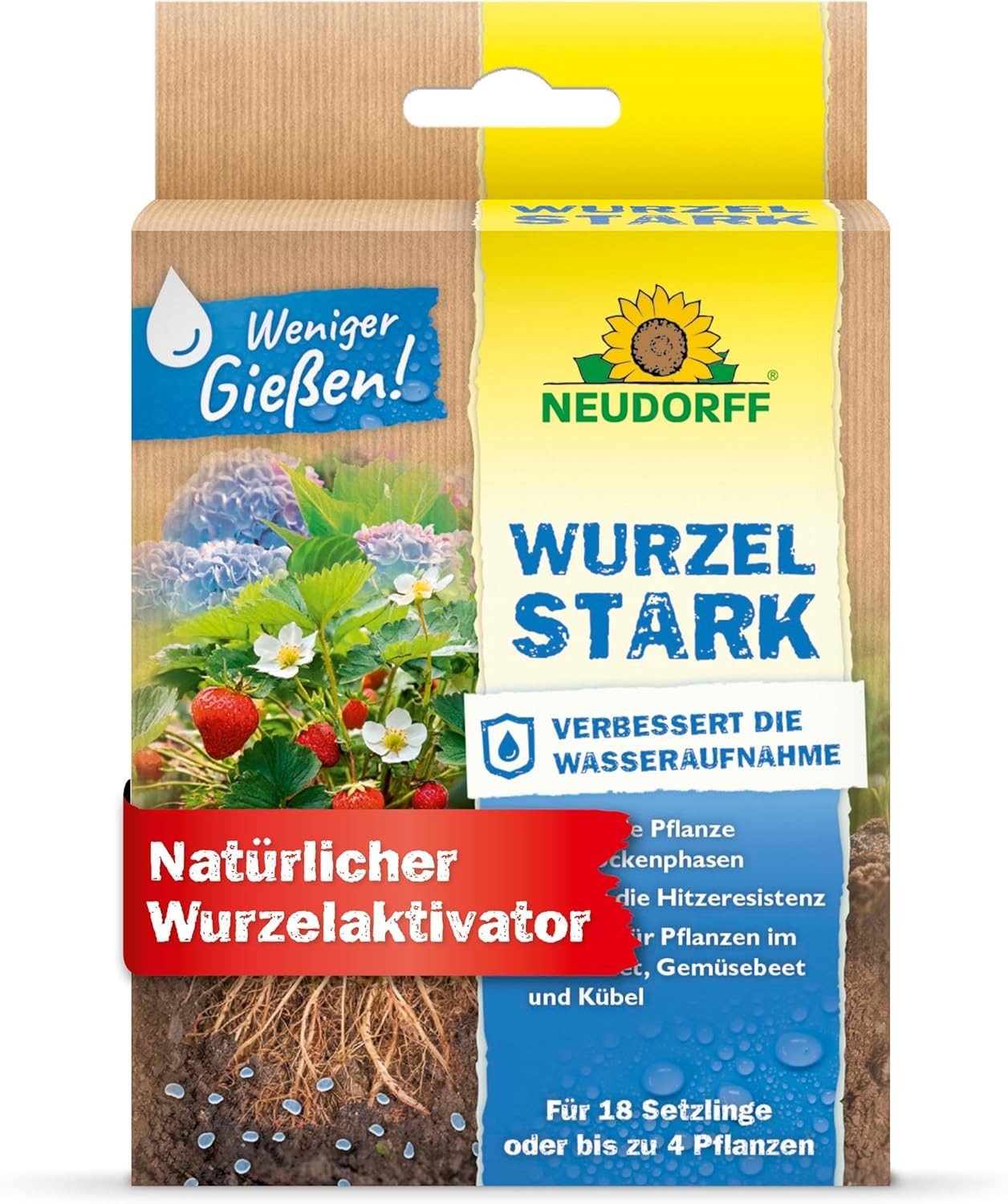 Neudorff Pflanzenstärkungsmittel Wurzelstark 36 g, Wurzelaktivator für schnelles Wurzelwachstum aller Pflanzen, Weniger Gießen, auch in Trockenperioden, Garantiert eine optimale Düngerausnutzung