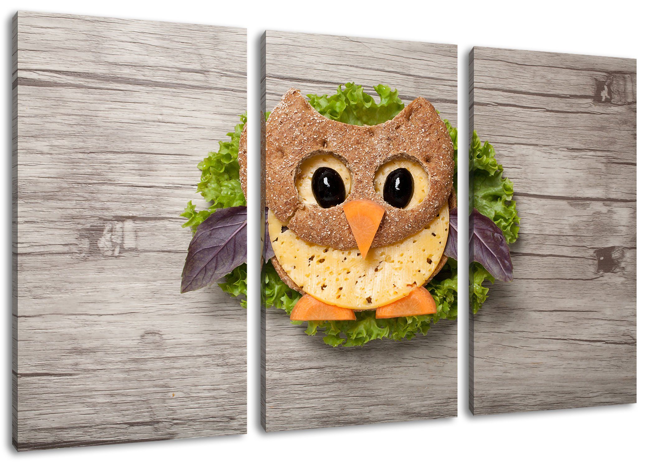 Pixxprint Leinwandbild das lustige Eulen Sandwich, das lustige Eulen Sandwich 3Teiler (120x80cm) (1 St), Leinwandbild fertig bespannt, inkl. Zackenaufhänger | Leinwandbilder