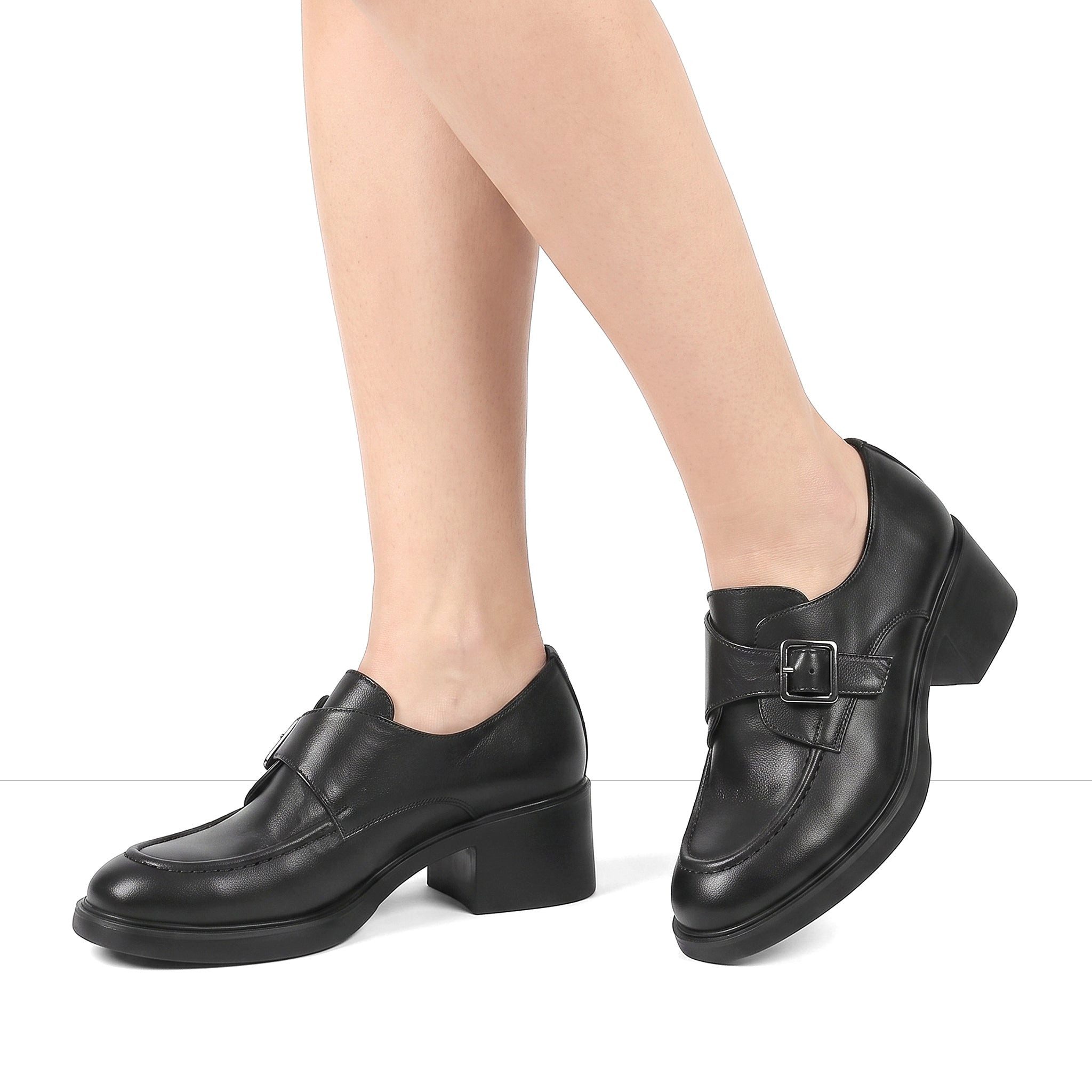 Celal Gültekin Schnallenriemen Blockabsatz Rundspitze Damen Hochfrontpumps Leder, 6 cm Blockabsatz, Schwarz, 38