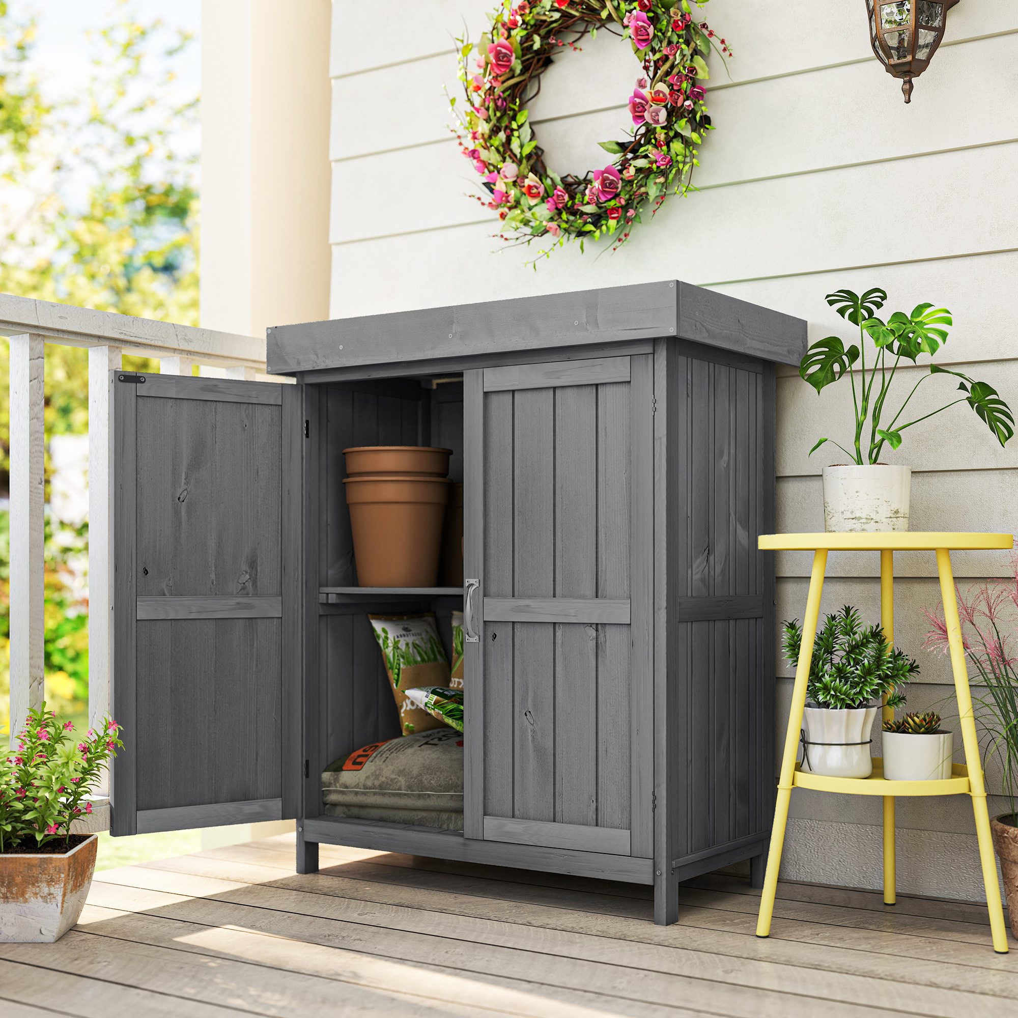 Outsunny Gerätehaus Gartenschrank Tannenholz, Geräteschuppen wetterfest 2 Fächern, BxT: 74x43 cm, (Geräteschuppen, 1 St., Gartenschrank), für Garten, Grau