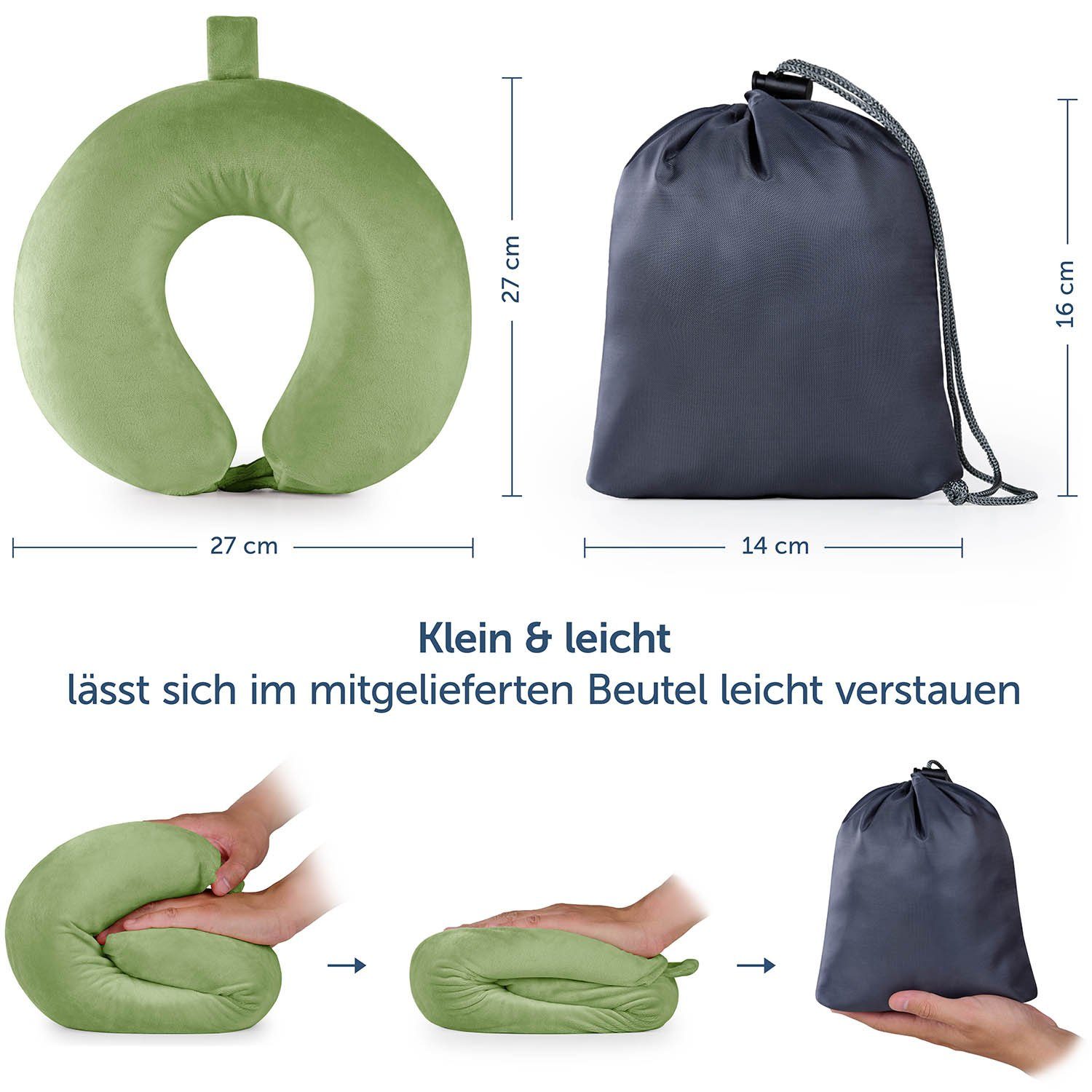 Reisekissen Zuhause, mit Schlafmaske Zug, Blumtal für & Auto, Ohrstöpsel - Essentials Travel Blumtal Bezug, oder waschbarem Nackenkissen - Foam Memory inkl. Flugzeug, Camping Nackenhörnchen Reisekissen Grün