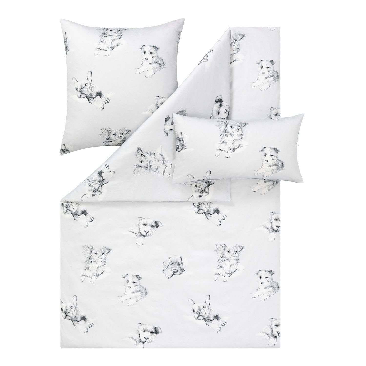 Estella Bettwäsche Estella Mako Satin Bettwäsche Dogs 7623-820 Hunde silber grau 135x200, Mako Satin, 3 teilig, Feinster Premium Mako Satin