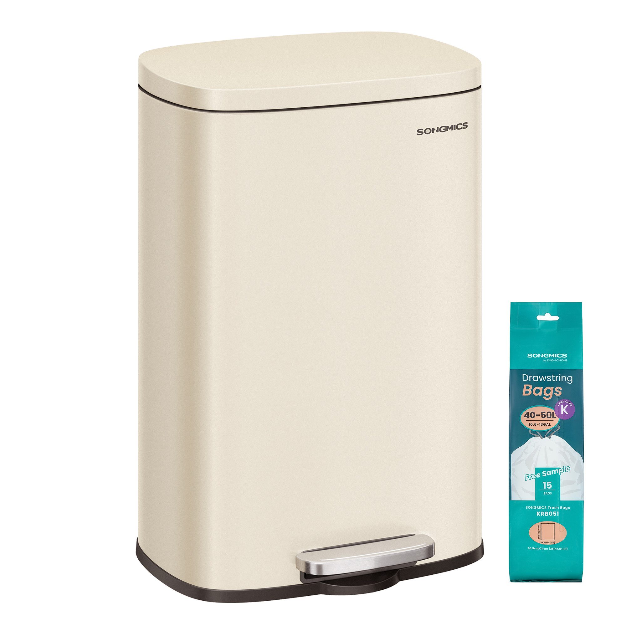 SONGMICS Mülleimer Treteimer, 50L aus Stahl, 43,2 x 37,1 x 63,2 cm, für Bad und Küche, Inneneimer