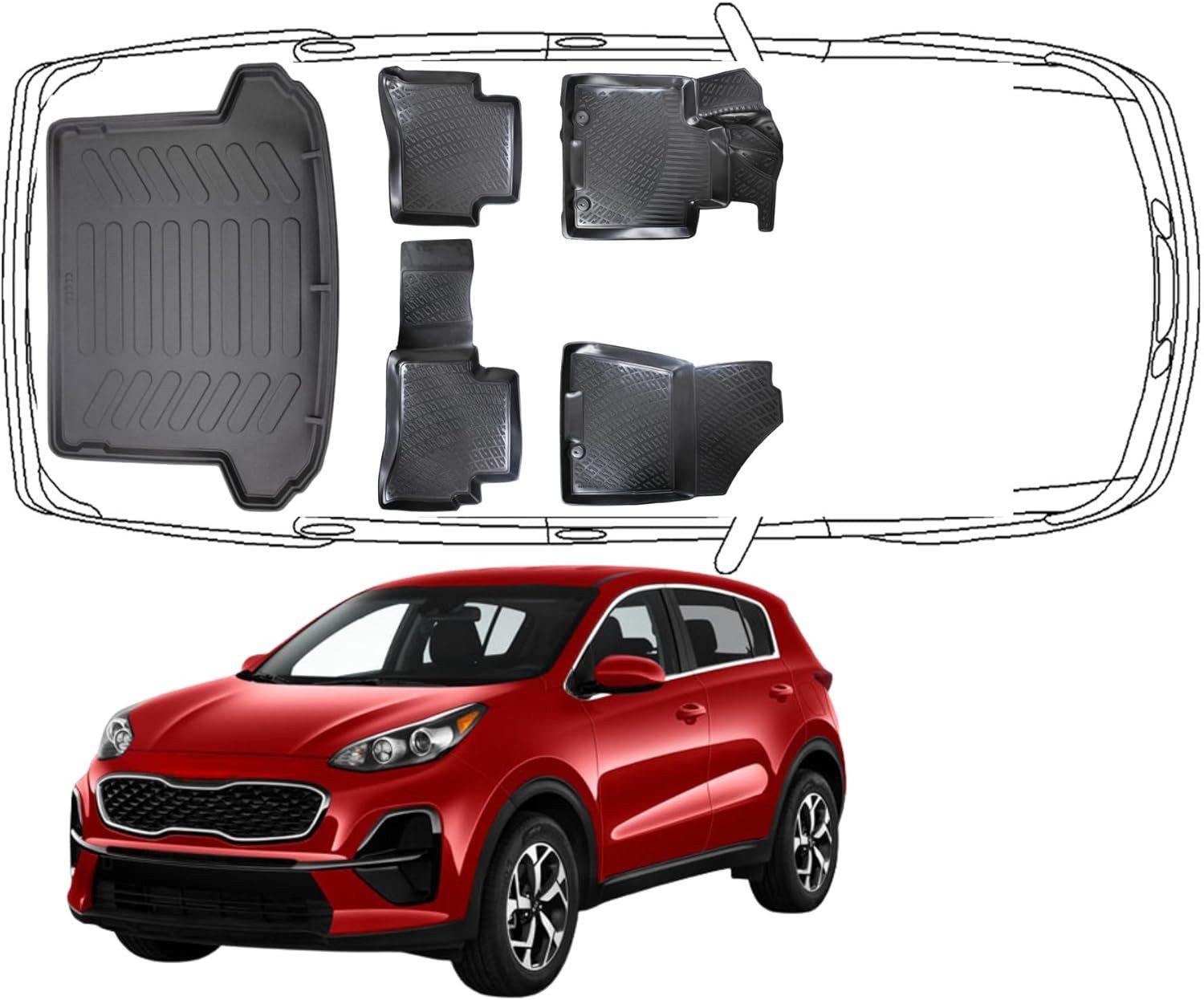Trimak Passform-Fußmatten Kofferraumwanne Set kompatibel mit Kia Sportage, Kia Sportage 4. Gen. 2016-2021 Gummimatten Auto & Kofferraummatte TPE