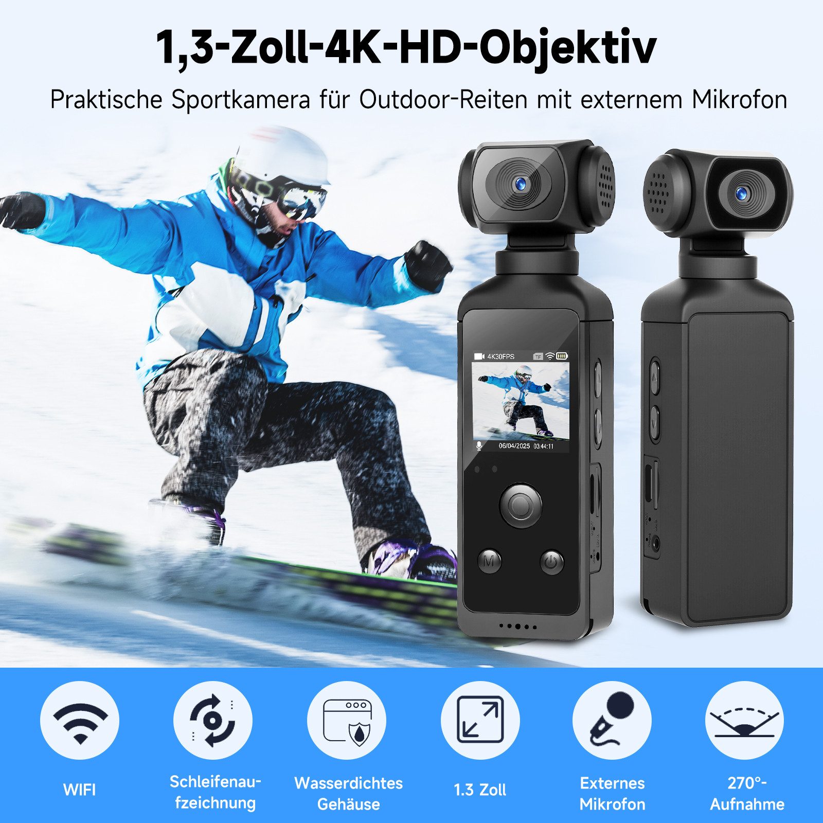 Hikity 1.3 zoll Outdoor Reiten Praktische Sportkamera mit externem Mikrofon Action Cam (HD, Wasserdicht, rüttelfest)