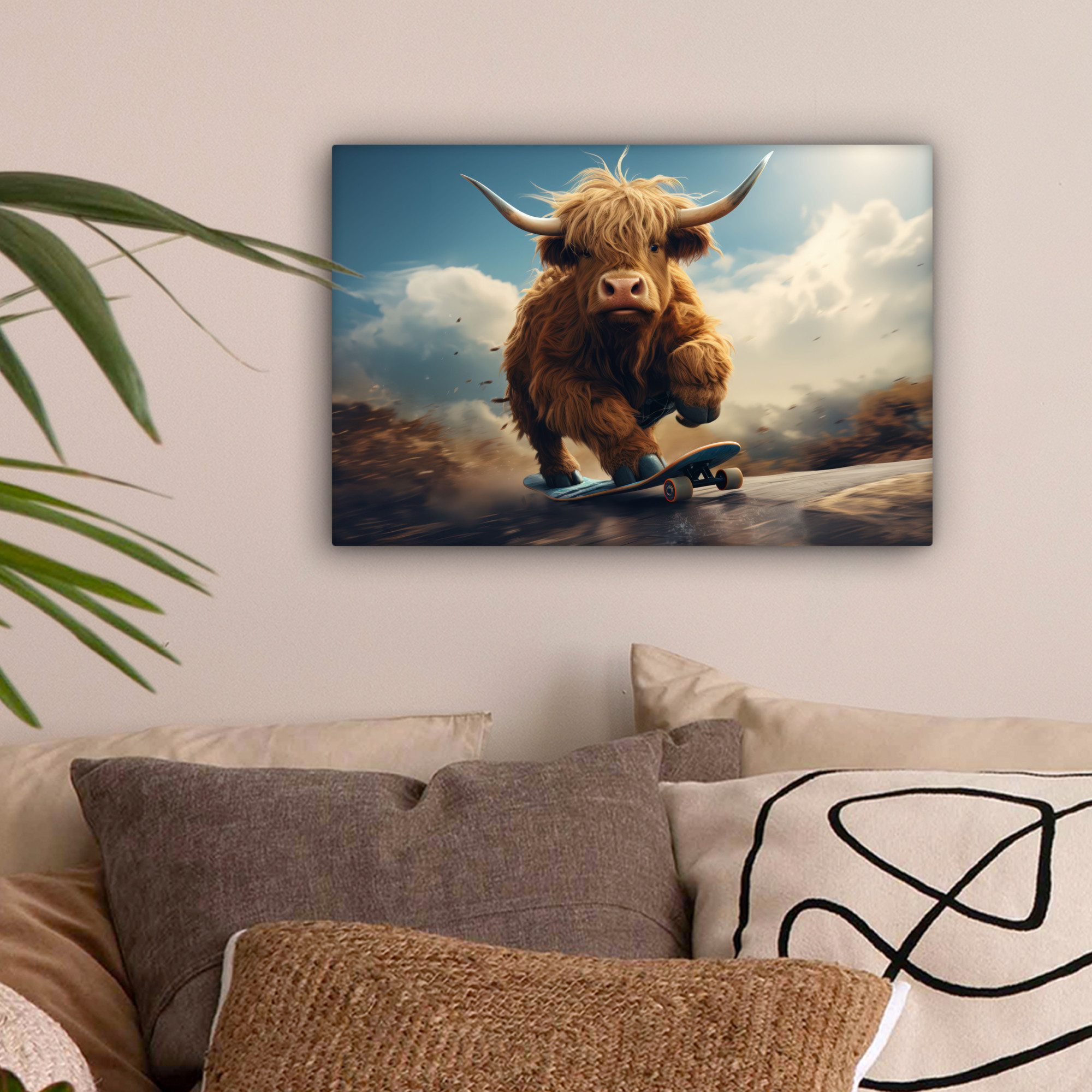 OneMillionCanvasses® Leinwandbild Schottischer Hochländer - Hörner - Skateboard, Fotodruck (1 St), Leinwand Bilder Klein, Wand Dekoration Aesthetic 30x20 cm
