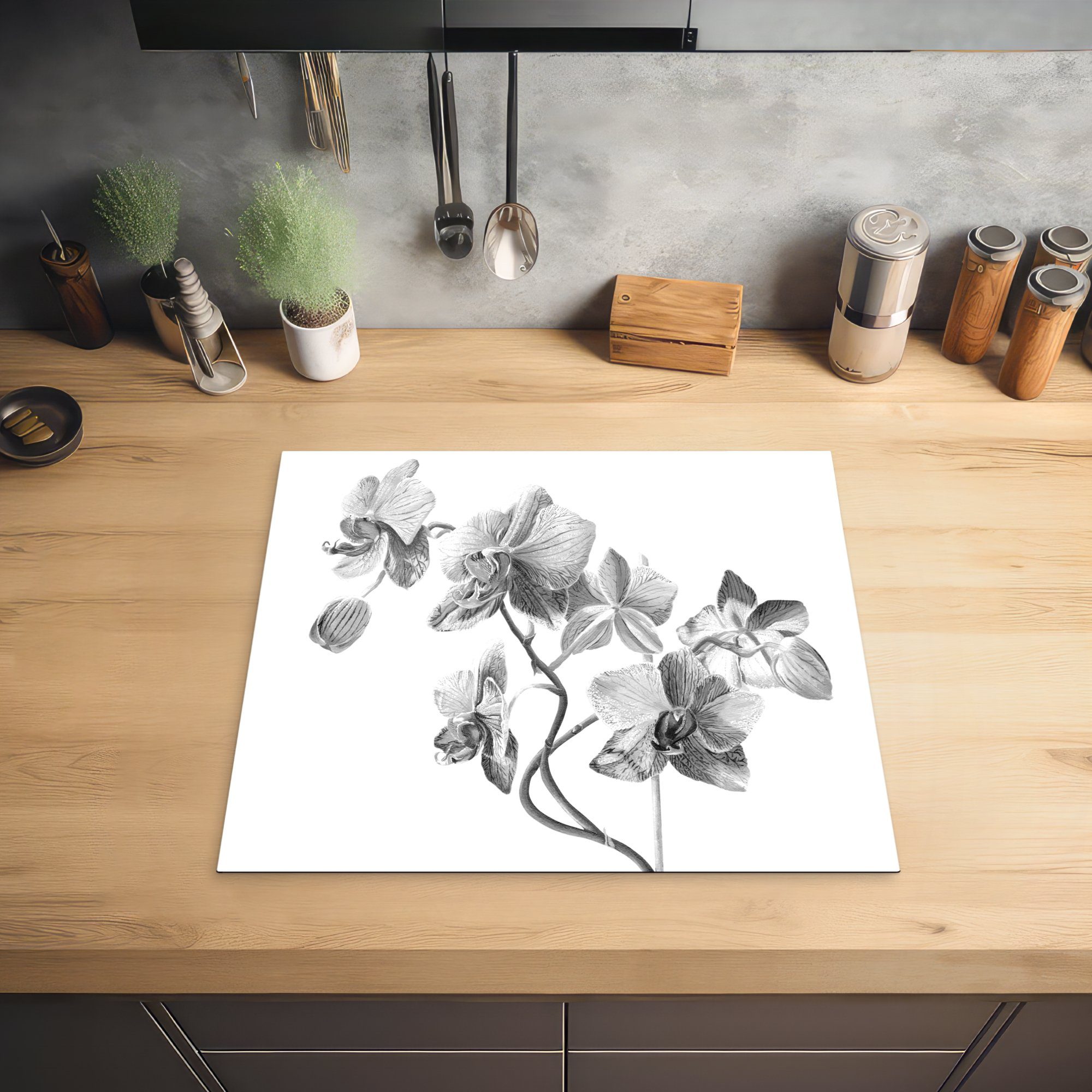 tlg), von einem rosa Orchideen Vinyl, Illustration (1 Ceranfeldabdeckung MuchoWow -, auf Mobile nutzbar, Arbeitsfläche Herdblende-/Abdeckplatte Eine Hintergrund cm, 60x52 weißen