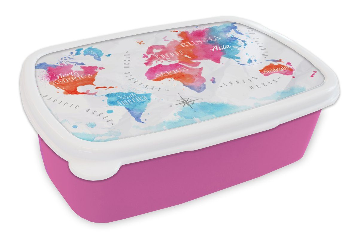 MuchoWow Lunchbox Farben - Karte - Windrose, Kunststoff, (2-tlg), Brotbox für Erwachsene, Brotdose Kinder, Snackbox, Mädchen, Kunststoff rosa