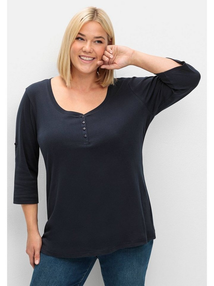 Sheego 3/4-Arm-Shirt Große Größen aus reiner Baumwolle, Weiter  Rundhalsausschnitt mit kurzer Knopfleiste