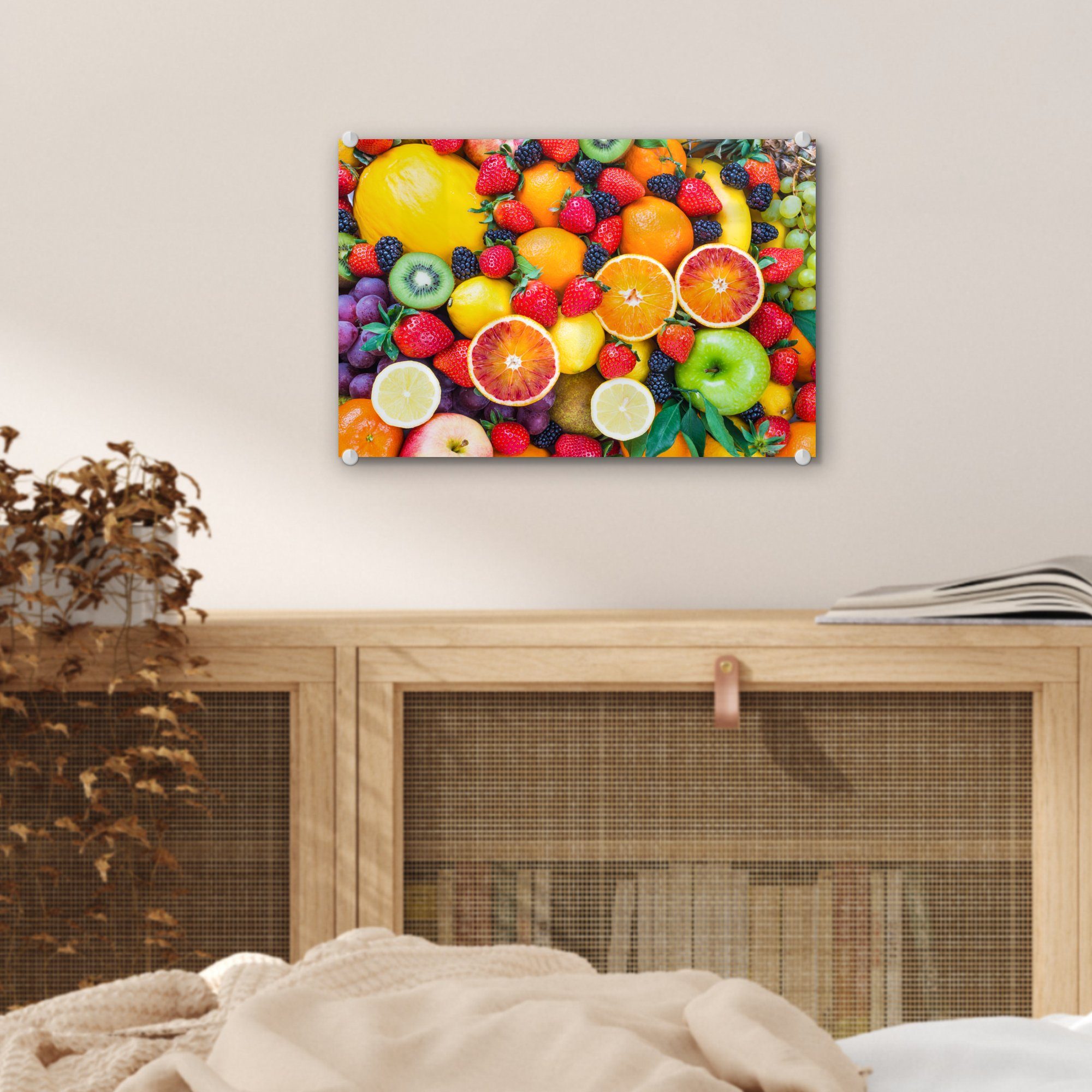 Obst, Wandbild Acrylglasbild Glas - - MuchoWow auf Bilder - Glasbilder - Foto auf St), Apfel Weintrauben (1 - Wanddekoration Glas
