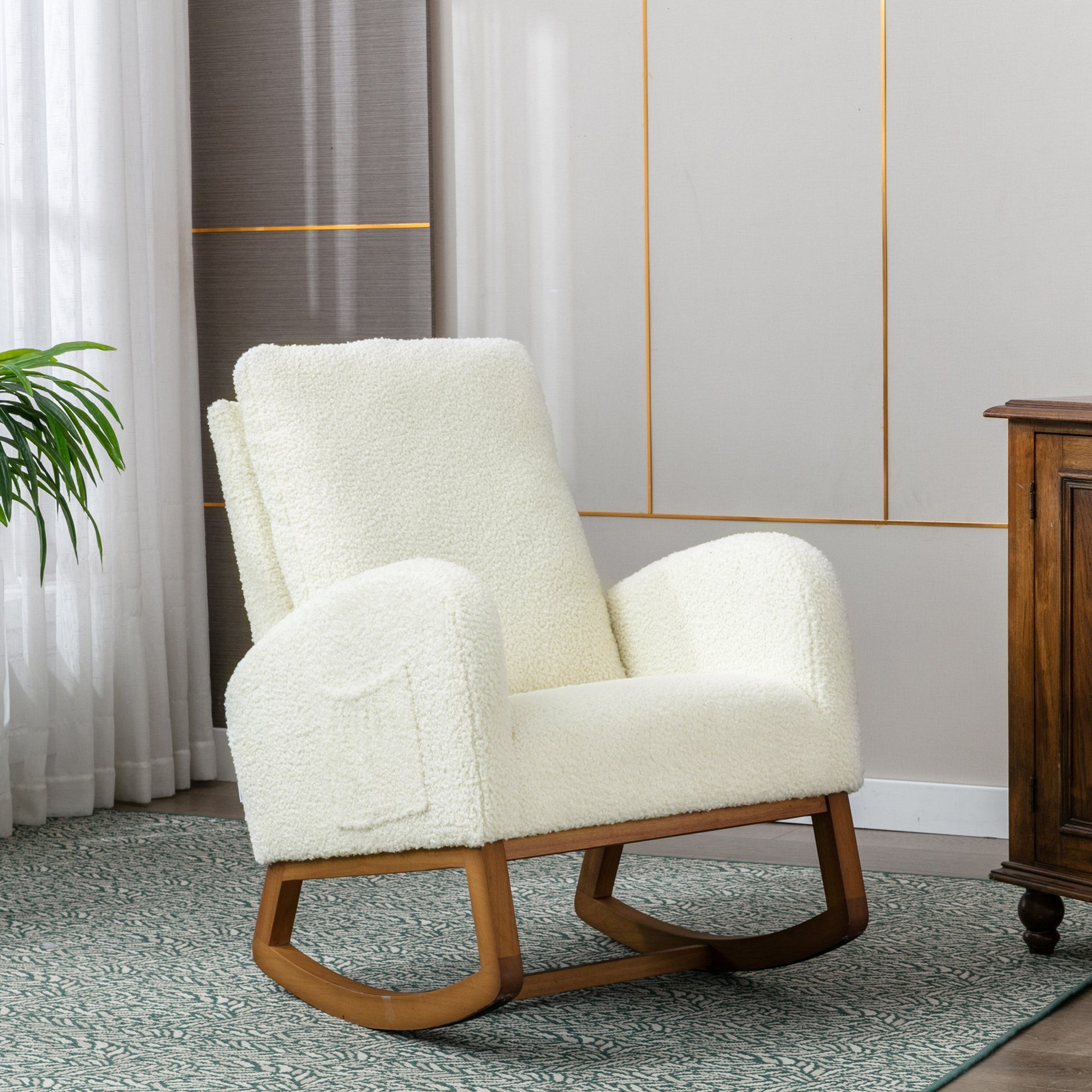 BlingBin Schaukelstuhl Relaxstuhl sessel (1 St), Mit Seitentasche, Rahmen aus Massivholz und Gummi, gepolstert Weiß