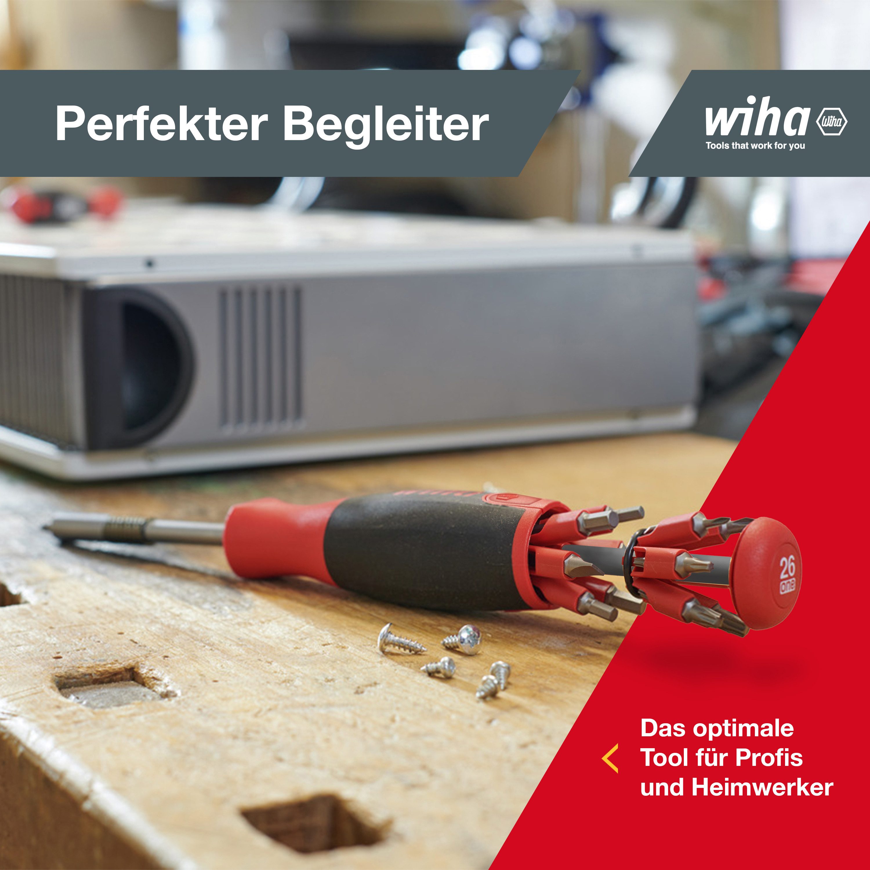 Wiha Schraubendreher LiftUp 25 (38601), verstaubares Bit Set, Schraubenzieher, mit 12 Bits, 1/4", kompakt