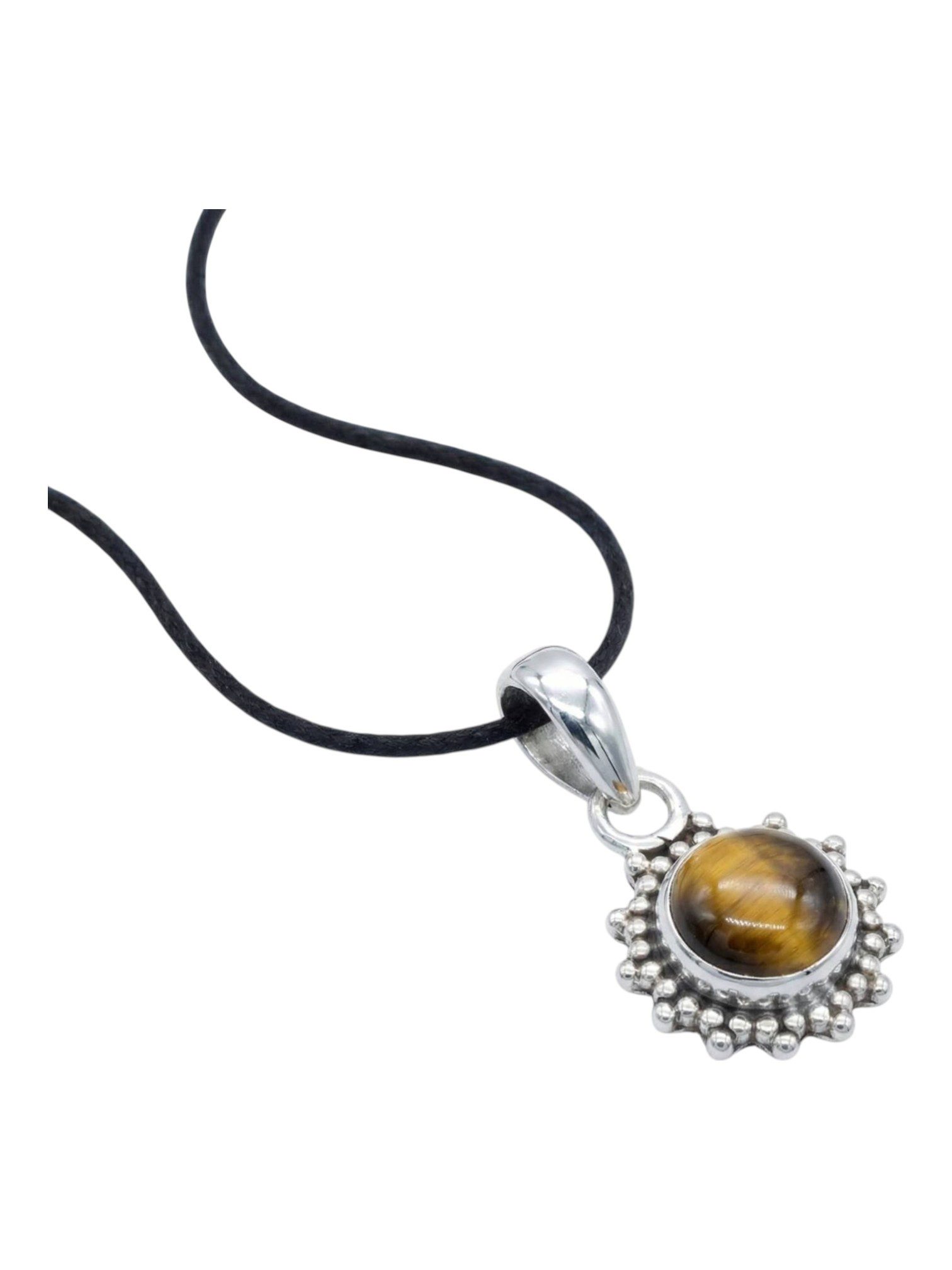mantraroma Kettenanhänger BUWAN rund aus 925 Silber mit Tigerauge (Kettenanhänger am Baumwollband im Schmuckbeutel), 925 Sterling Silber Kettenanhänger für Damen