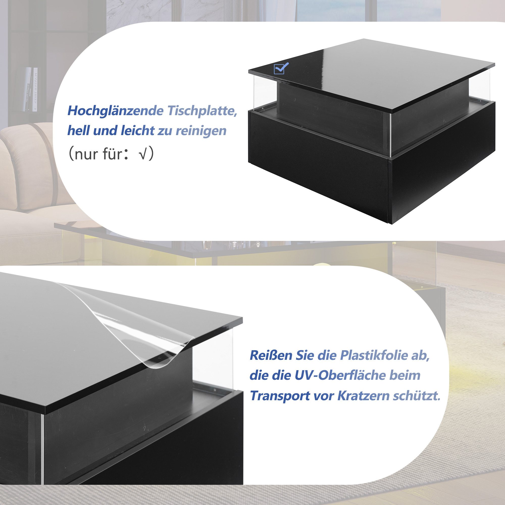 Merax Couchtisch Couchtisch hochglanz Wohnzimmertisch mit LED-Beleuchtung (Beistelltisch, Sofatisch, Kaffeetisch, L70/B70/H41 cm), Sofatisch mit 2 Schublade, gr – Bild 5 von 5
