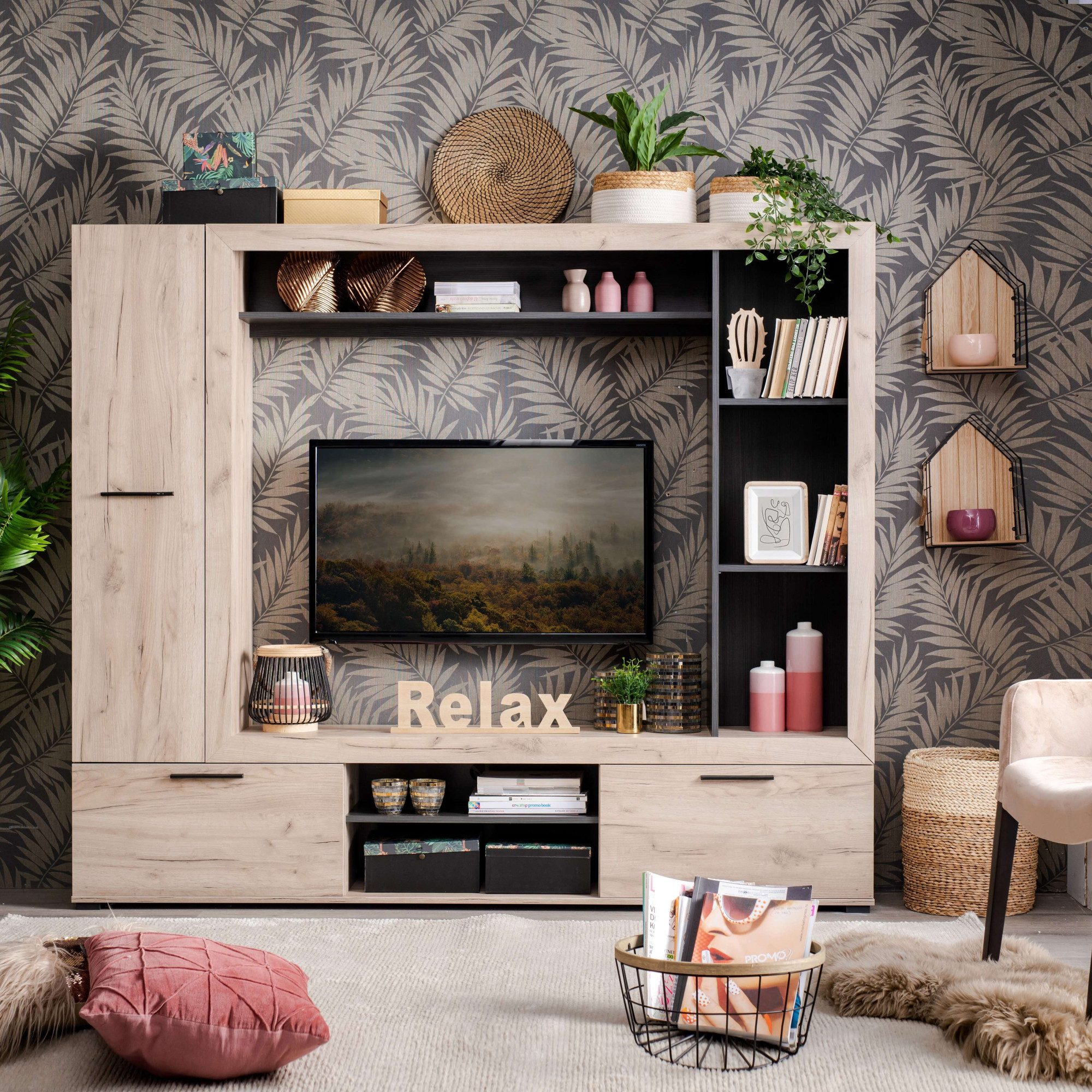 Home affaire Wohnwand Lorca Medienwand, Wohnzimmerwand, TV-Wand, (4-St), Moderne, stilvolle Wohnwand in Eichen-Optik mit TV-Fach