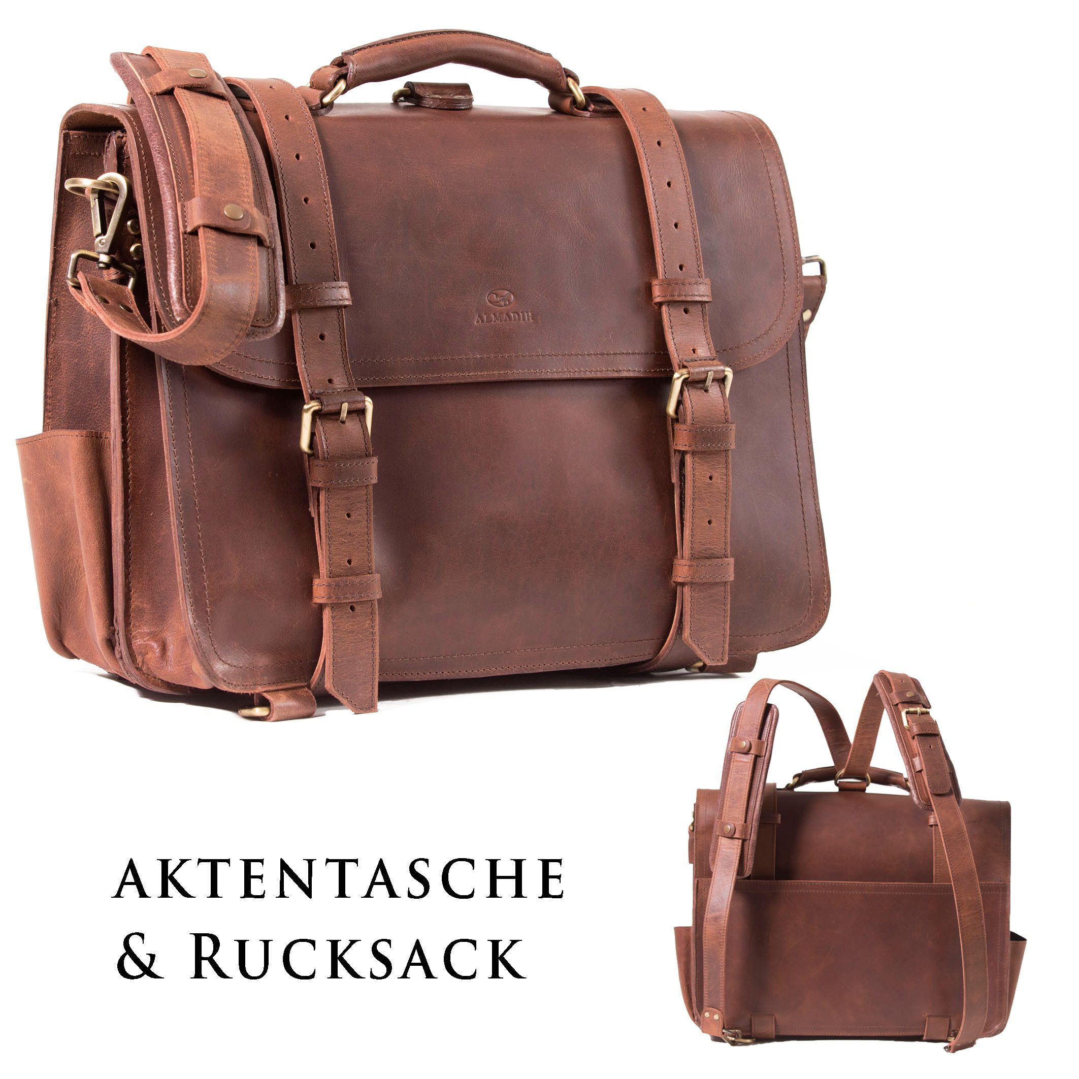 ALMADIH Aktentasche und Rucksack & Umhängetasche in einem, WALKER aus Premium Leder