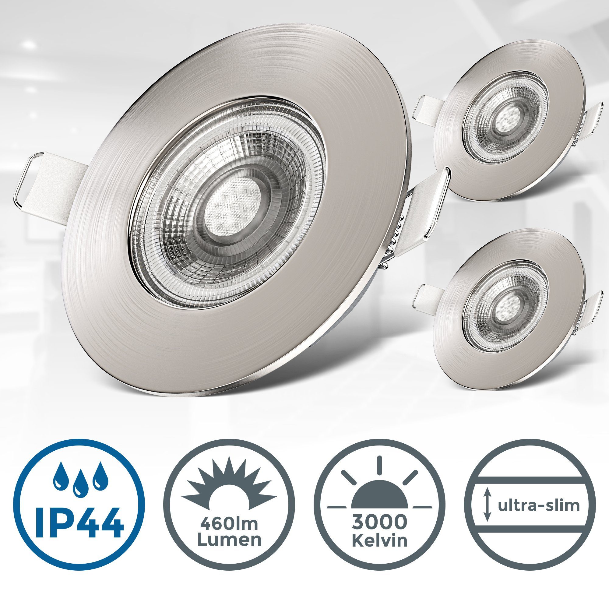 B.K.Licht LED Einbauleuchte, LED fest Warmweiß, Lampe Einbaustrahler IP44 Deckenspots integriert, Bad Spots ultraflach LED