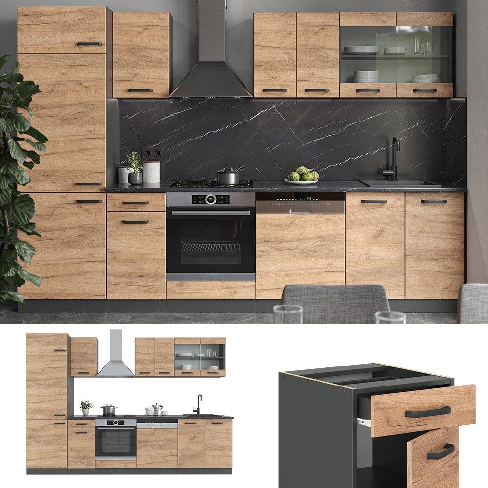 Vicco Küchenzeile R-Line, Goldkraft Eiche/Anthrazit, 300 cm, AP Anthrazit