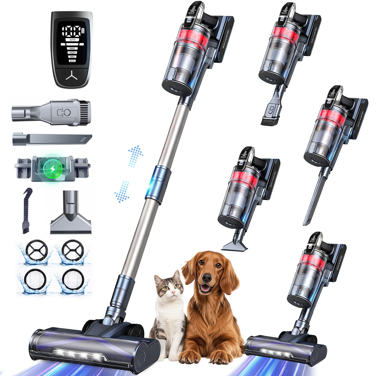 Grenintol Akku-Hand-und Stielstaubsauger Akkustaubsauger 85000Pa/65Min, Staubsauger Kabellos mit AUTO-Sensor, beutellos, 1,8-l-Staubbehälter, 5 Saugstufen, selbststehend, Anti-Tangle, abnehmbarer Akku, LED-Düse