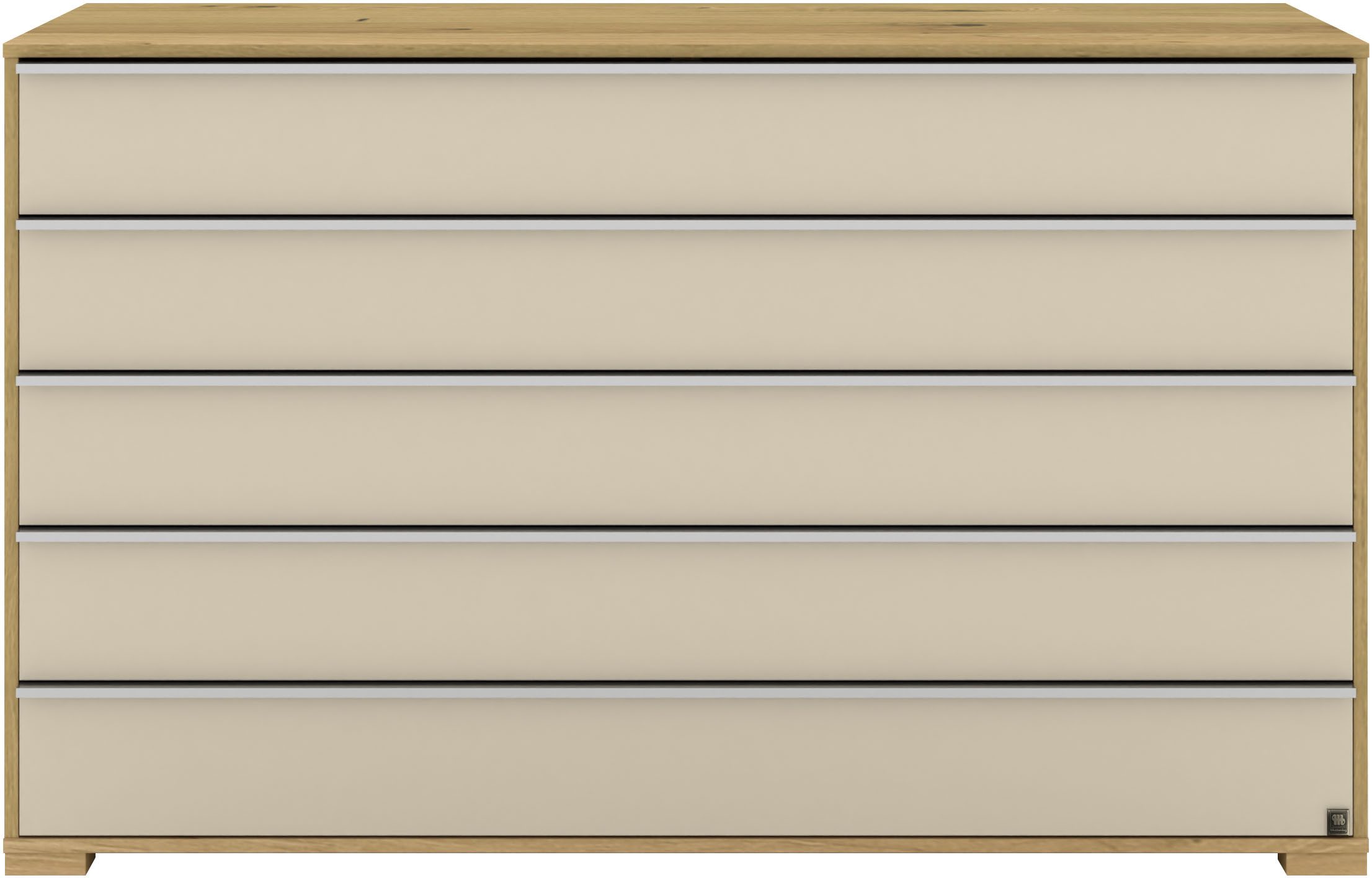 Musterring Schubkastenkommode Savona Sideboard, Wäscheschrank, mit Schubladen, teilmassiv, 141 cm (Bianco-Eiche, mit Glas, mit Selbsteinzug und Dämpfung, MADE IN GERMANY), Fronten Glas Champagner, Schubkästen mit Soft-Abstoppung, Breite 141cm