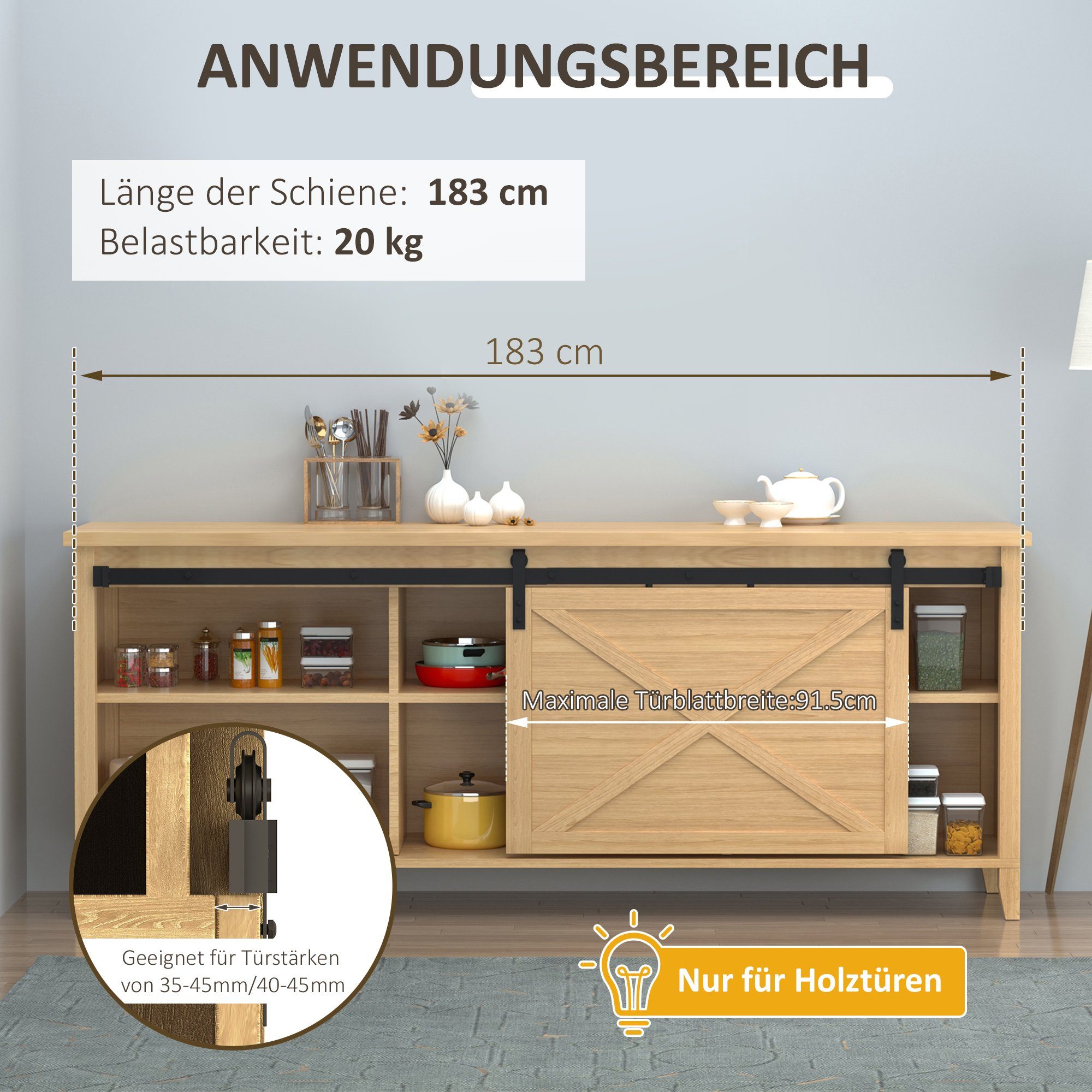 HOMCOM Türbeschlag Schiebetürsystem Laufschiene (Einzelschiebetür, 4 St., Schiebetürbeschlag), für Holzschiebetür Zubehör Kohlenstoffstahl Schwarz 183 x 0,6 x 18 cm